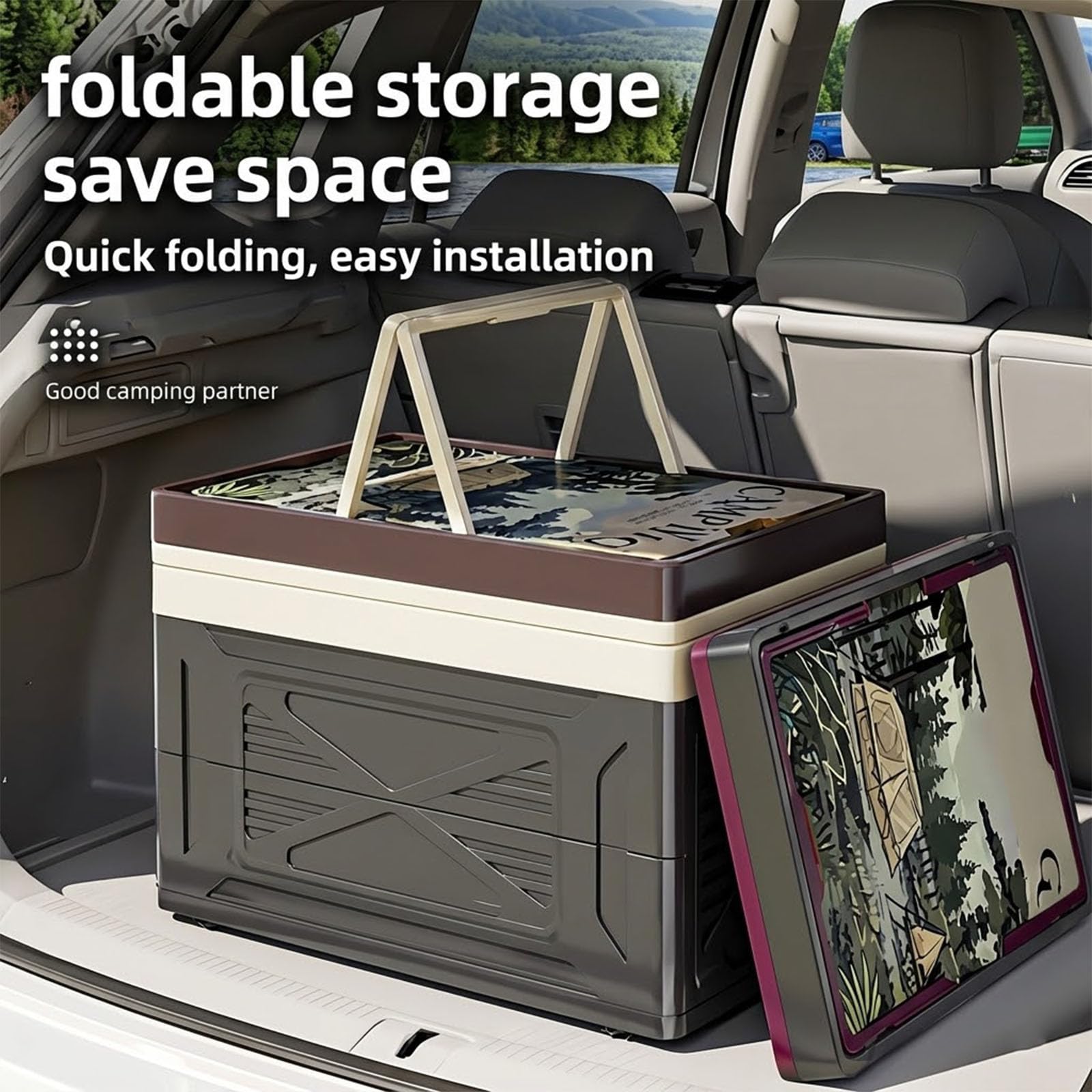 Camping Aufbewahrungsbox mit Holzoptik Deckel, Faltbare Klappbox | Modernes Design für Camping Küche, Auto, Picknick, Wohnmobil und Outdoor Abenteuer
