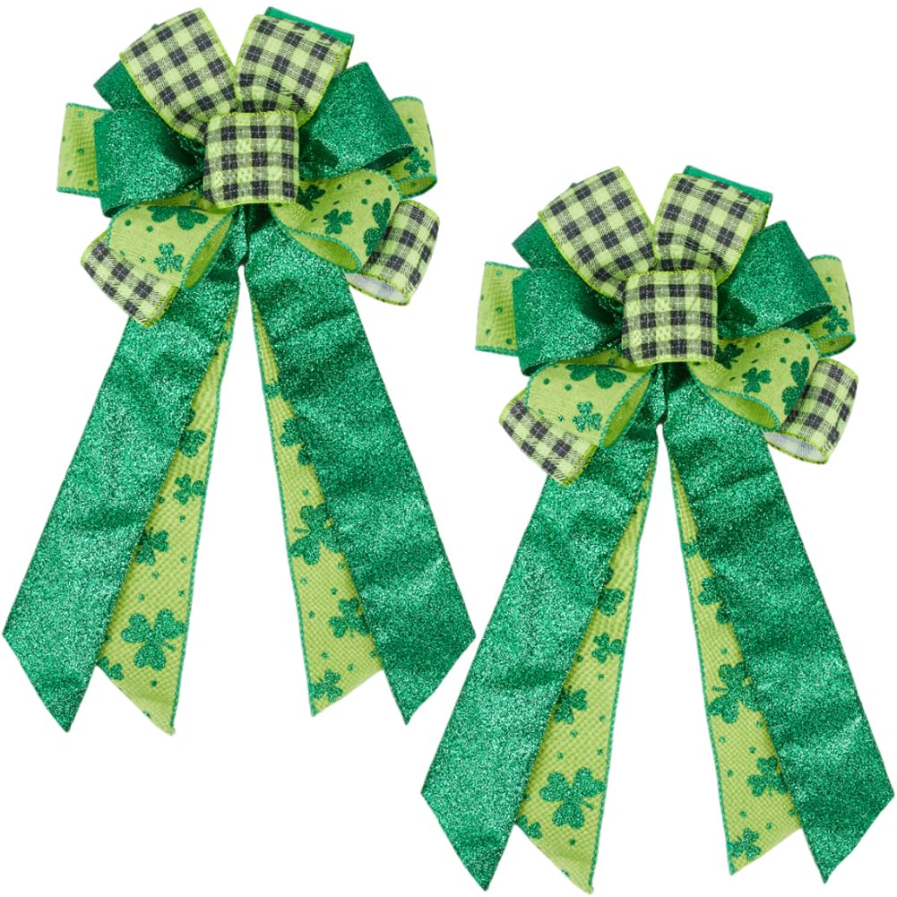 GORGECRAFT 2Pcs Large St. Patrick's Day Wreath Bows Black Green Buffalo Plaid Green Glitter Shamrock Clover Bow for Irish Holiday Hanging Yarn Outdoor Front Door Tree Fence Party Decor