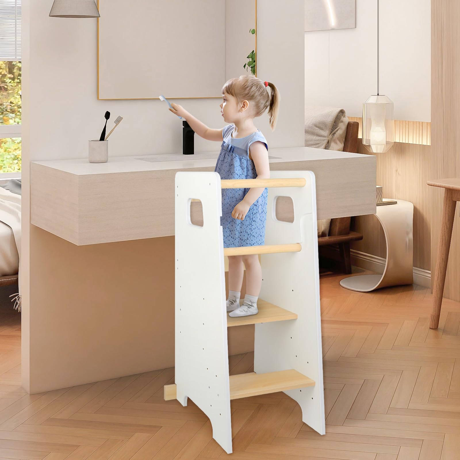 Beobachtungsturm für Kinder mit rutschfesten Streifen – Lernturm aus Holz höhenverstellbar – Montessori Hocker für Kinder Baby ab Ständer – 90 x 42 x 40 cm, Weiß