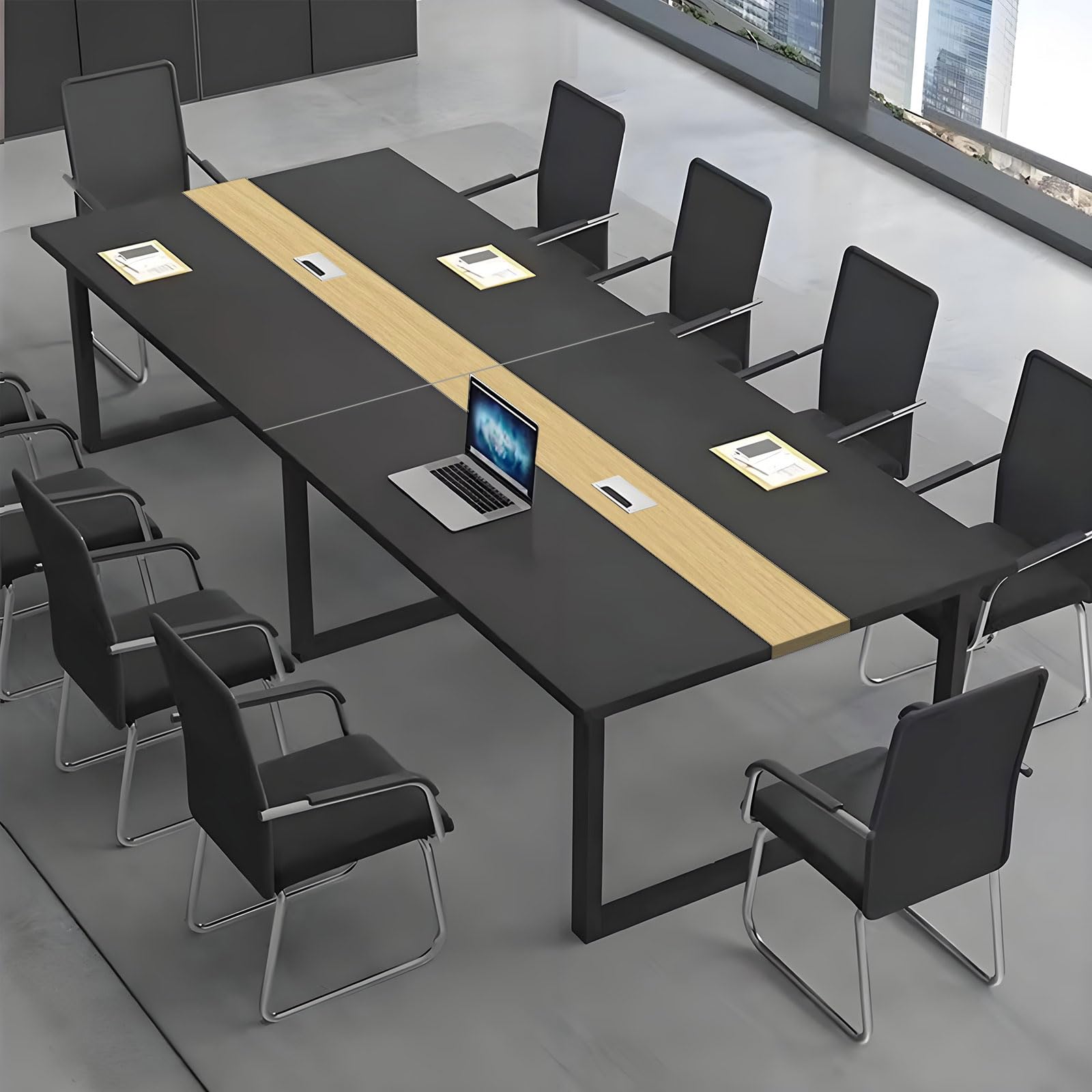 Tavolo Riunioni Ufficio Moderno, Tavolo da Conferenza Rettangolare con Canalina per Cavi e Struttura in Metallo Nero, Ideale per 8-12 Persone, Sala Conferenze e Seminari