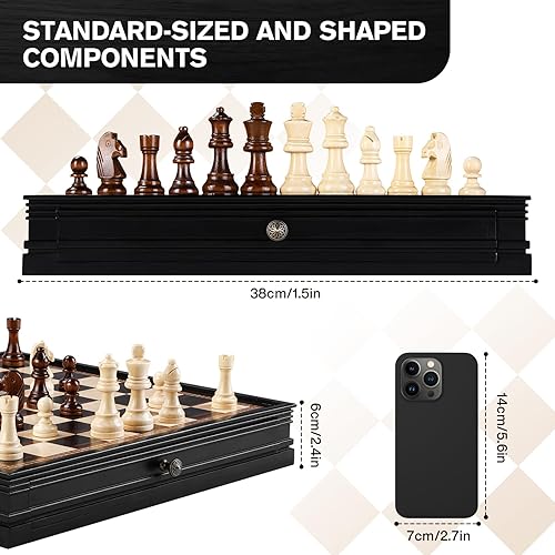 Miniatura 9 de Peradix Juego de tablero magnético de ajedrez con 2 cajones de almacenamiento integrados, juegos clásicos 2 en 1 de madera de 15 pulgadas con 2