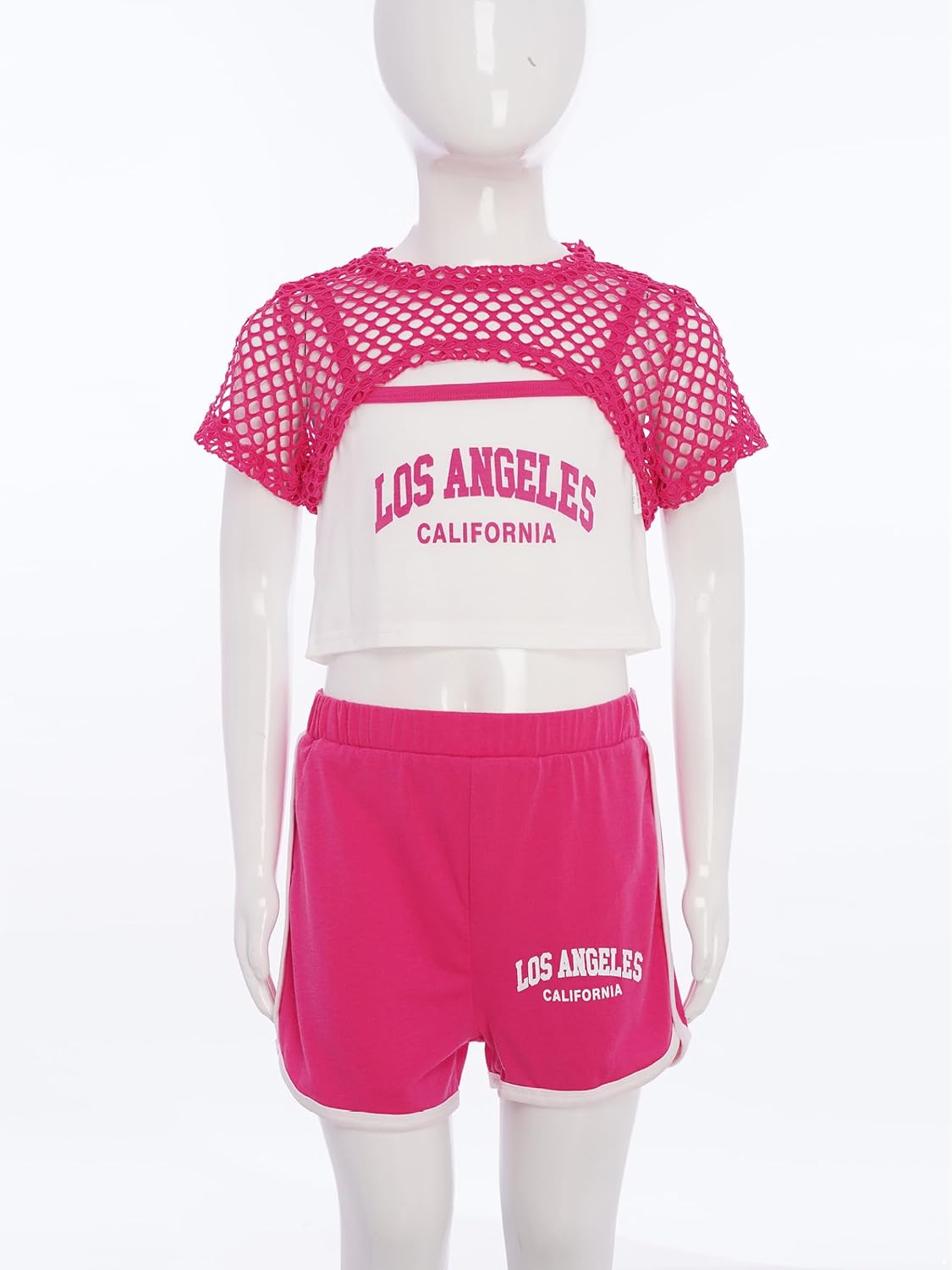 Kids Girls Summer Cute 3 Piece Outfit Short Sleeve Mesh Crop Top Letter Print Cami Tee and Track Shorts Hot Pink 8-9 Years