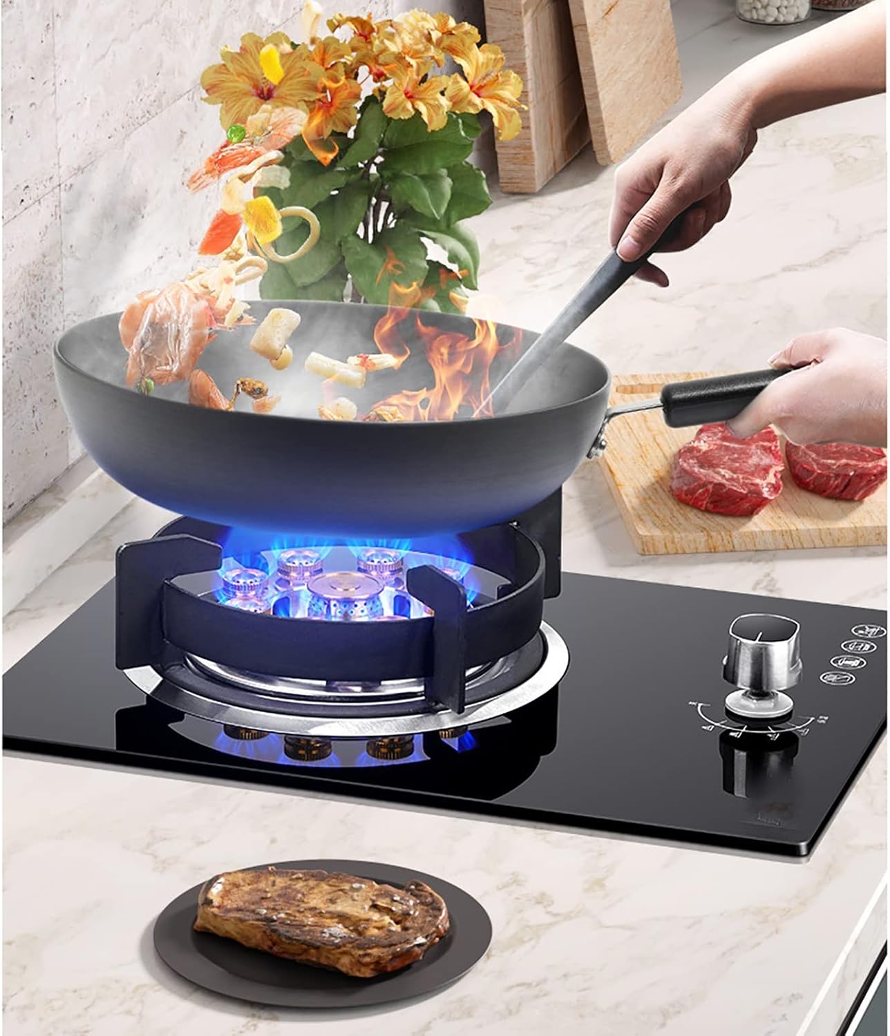 Burner Gas Cooker gas hob Nine-chamber Fire Burners Gas Hob Built-in 30cm Cooktop Black Tempered Glass With FFD And Enamel Pan Stands,Cast Iron Pan Support(Lpg)