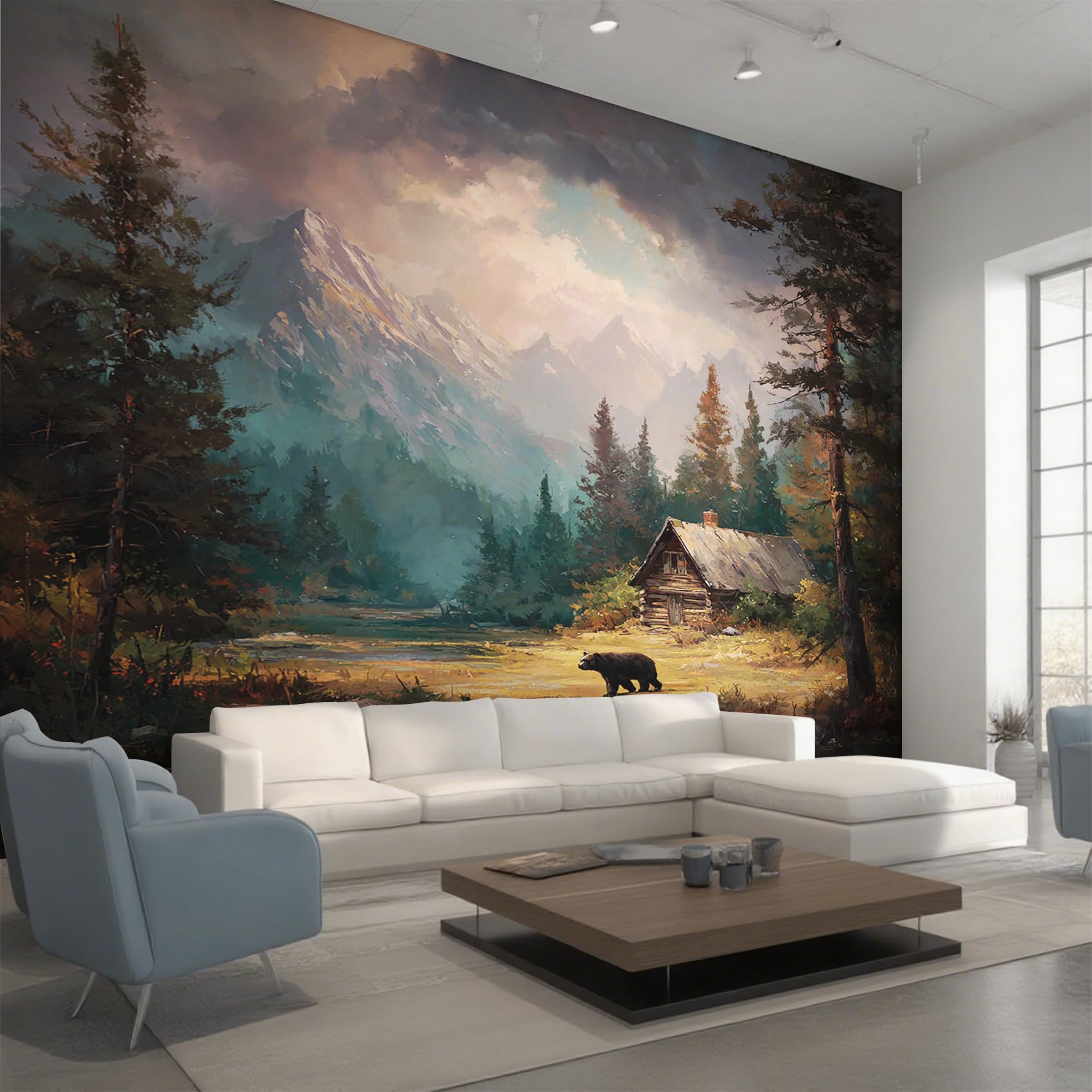 Papier peint panoramique ours et cabane rustique intissé 450x315 cm
