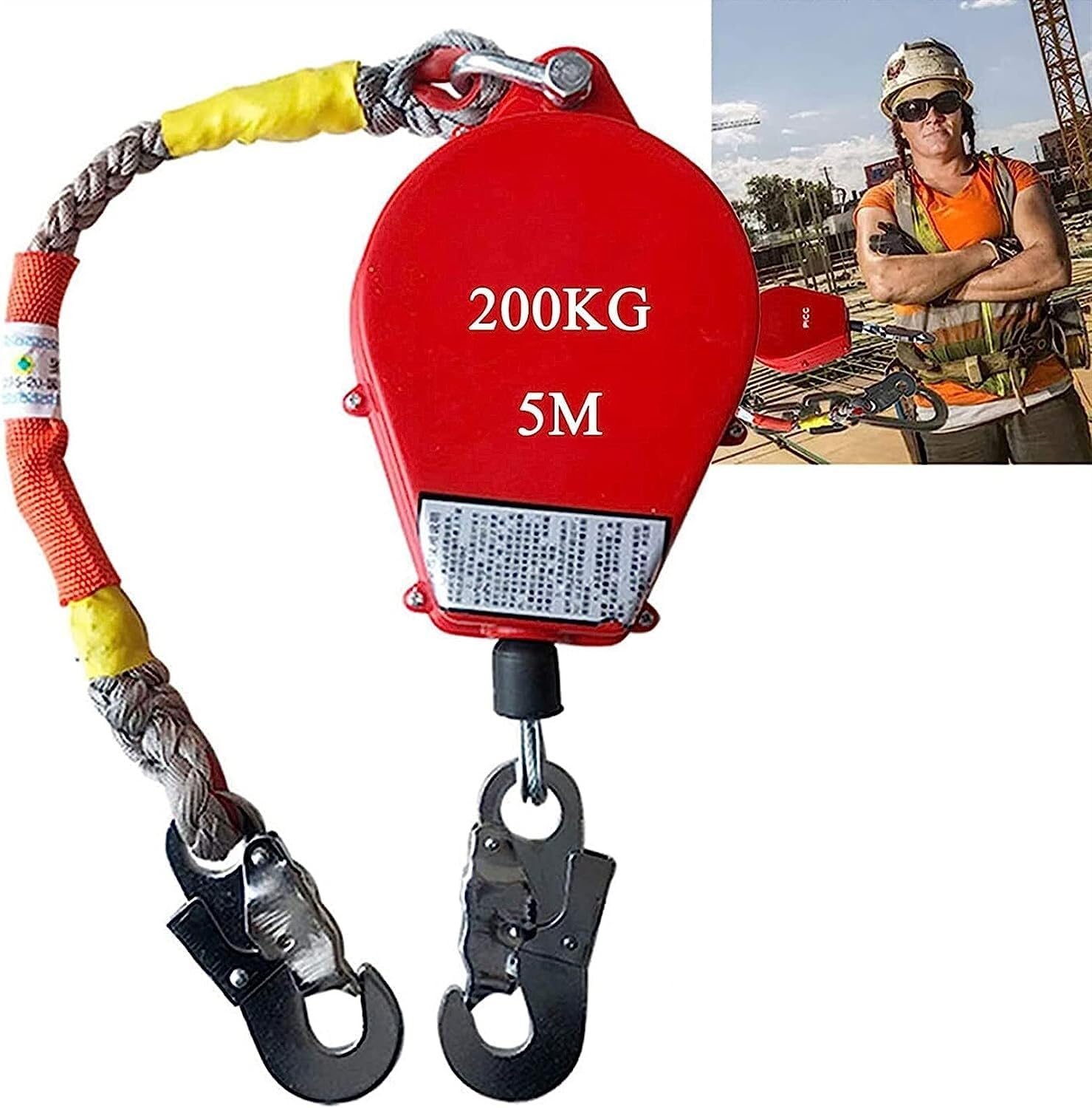 Cable de línea de Vida autorretráctil con Gancho de Acero, Eslinga anticaídas para construcción petroquímica, Barcos y Escalada - Capacidad de 200 kg, 10 m de Longitud (Talla única de 15 m)