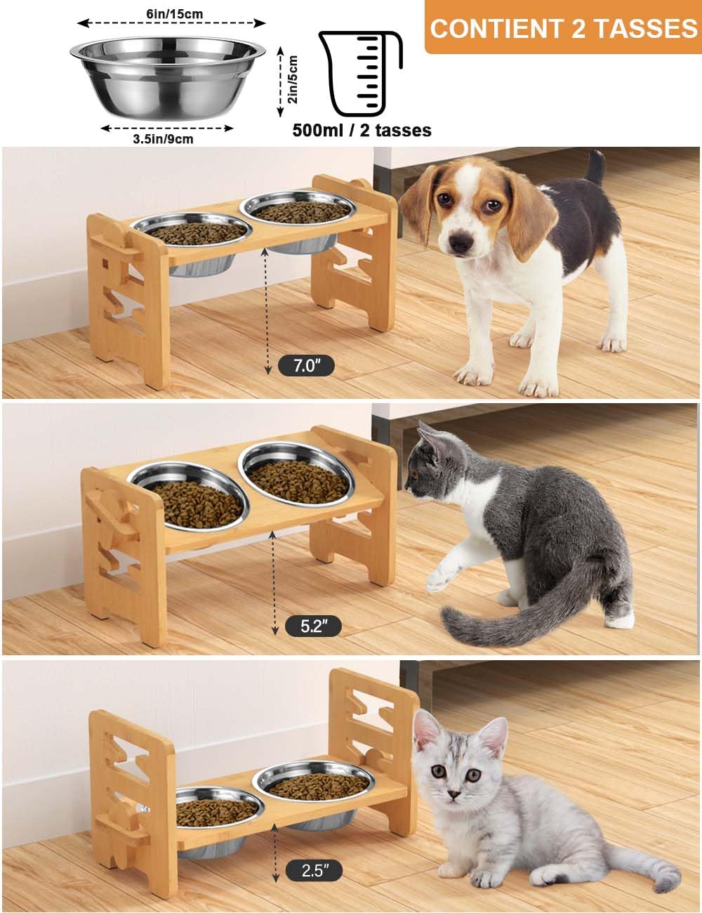 Vantic Gamelle Chien Surelevee de 6 Hauteurs Ajustables, Support Gamelle Chien Surelevee, Station d'alimentation en Bambou avec 2 Bols en Acier Inoxydable