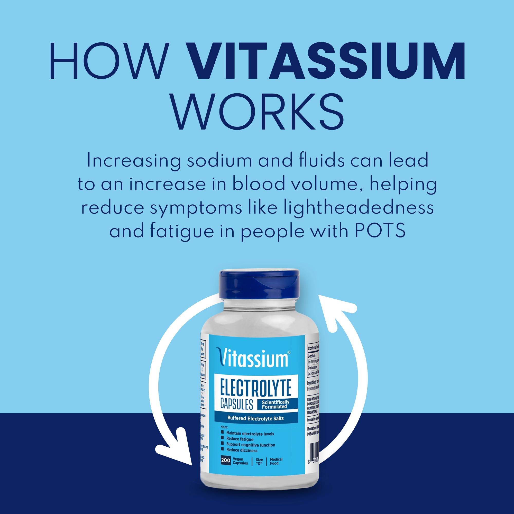 Vitassium Electrolyte Capsules, Electrolytes for The Management of POTS and High Sodium Diets (500mg Sodium - 100mg Potassium), Unflavored, 200 Salt Pills (Size 0)