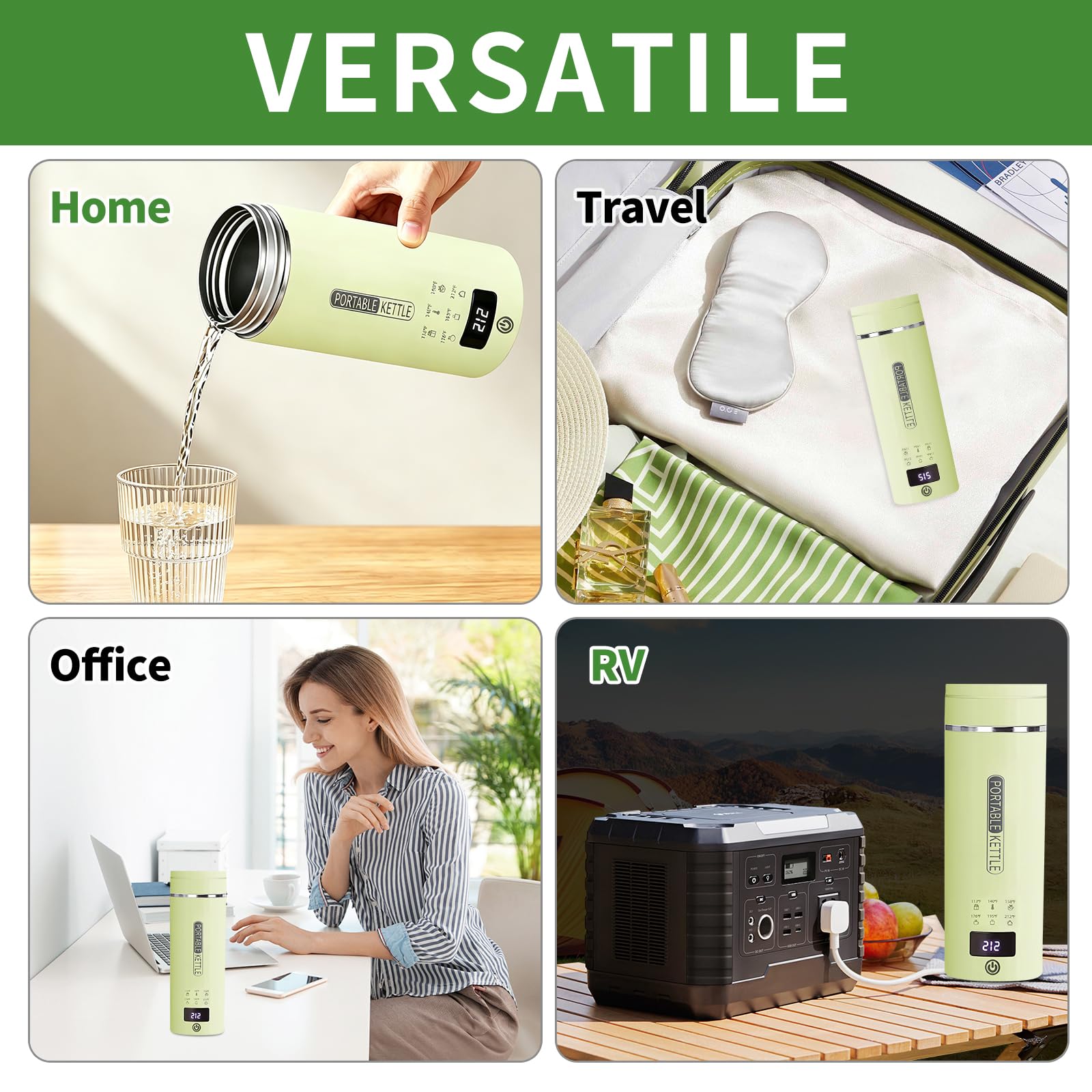 Bouilloire électrique de voyage verte avec écran LCD, 6 réglages de température, 450 ml, acier inoxydable 304, arrêt automatique et protection contre l'ébullition à sec, bouilloire électrique compacte