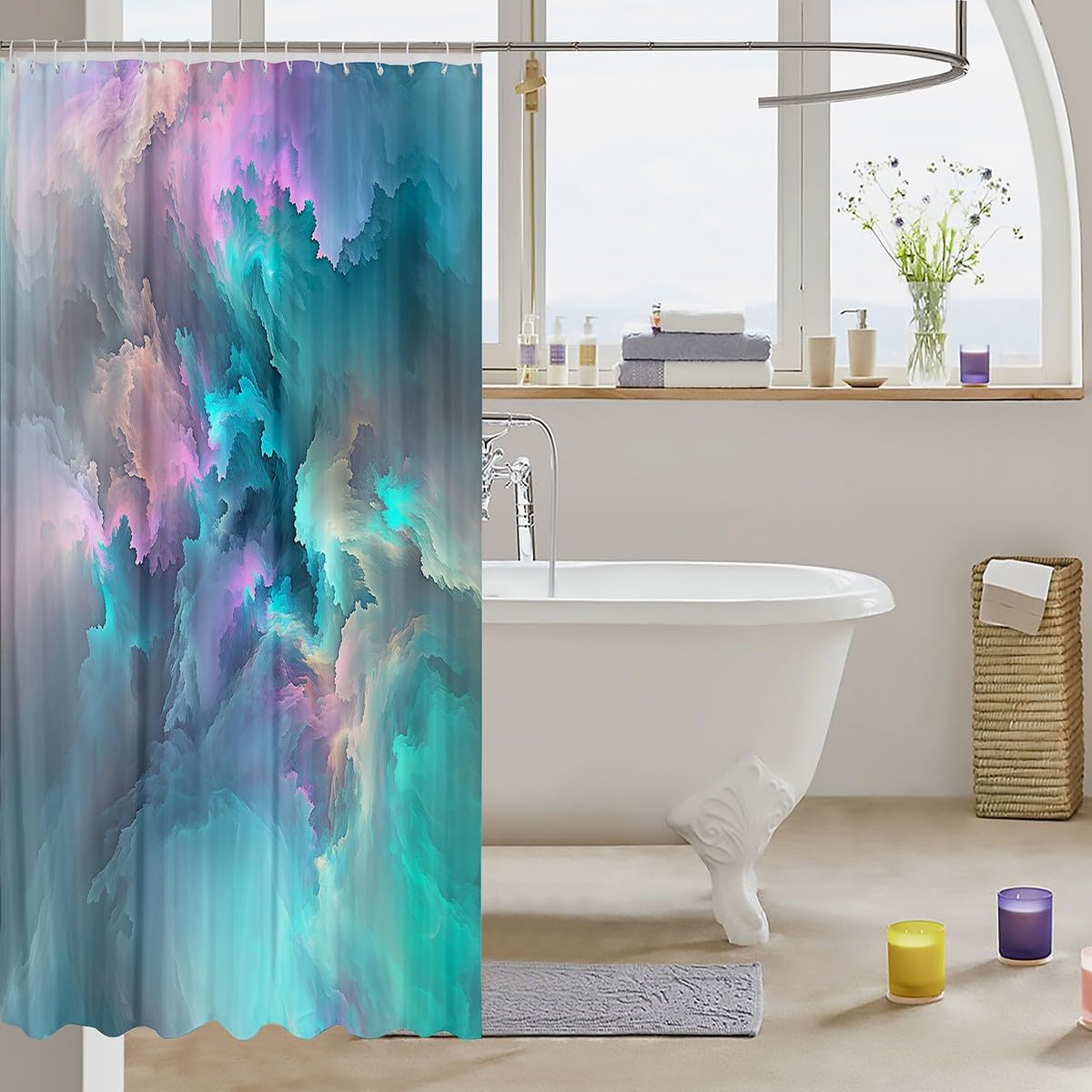 Nebula Space Bath Curtain Galaxy Nebula Shower Curtain Ink Art Marble Bathroom Sets for Stalls Bathtubs Tie Dye Lightning Clouds Sky Glitter Iridescent Pastel Fabric Shower Curtains Sets 72" W x 84" L