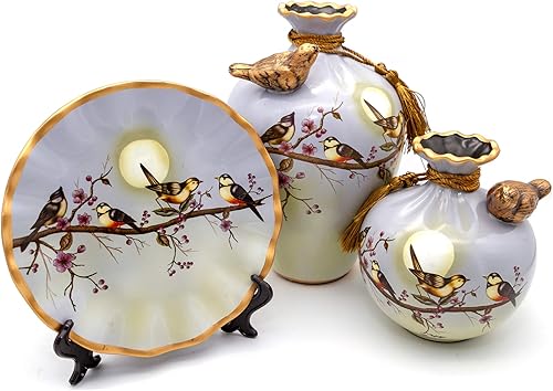 Juego de 3 jarrones de cerámica para decoración del hogar, juego de jarrones chinos para decoración de sala de estar, color gris