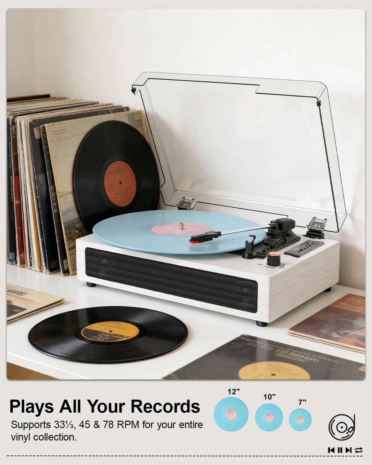 Gramofon Bluetooth, 3-biegowy, retro, winylowy, z wbudowanymi głośnikami, wejście AUX, automatyczne zatrzymanie, nagrywanie USB, napęd pasowy, biały