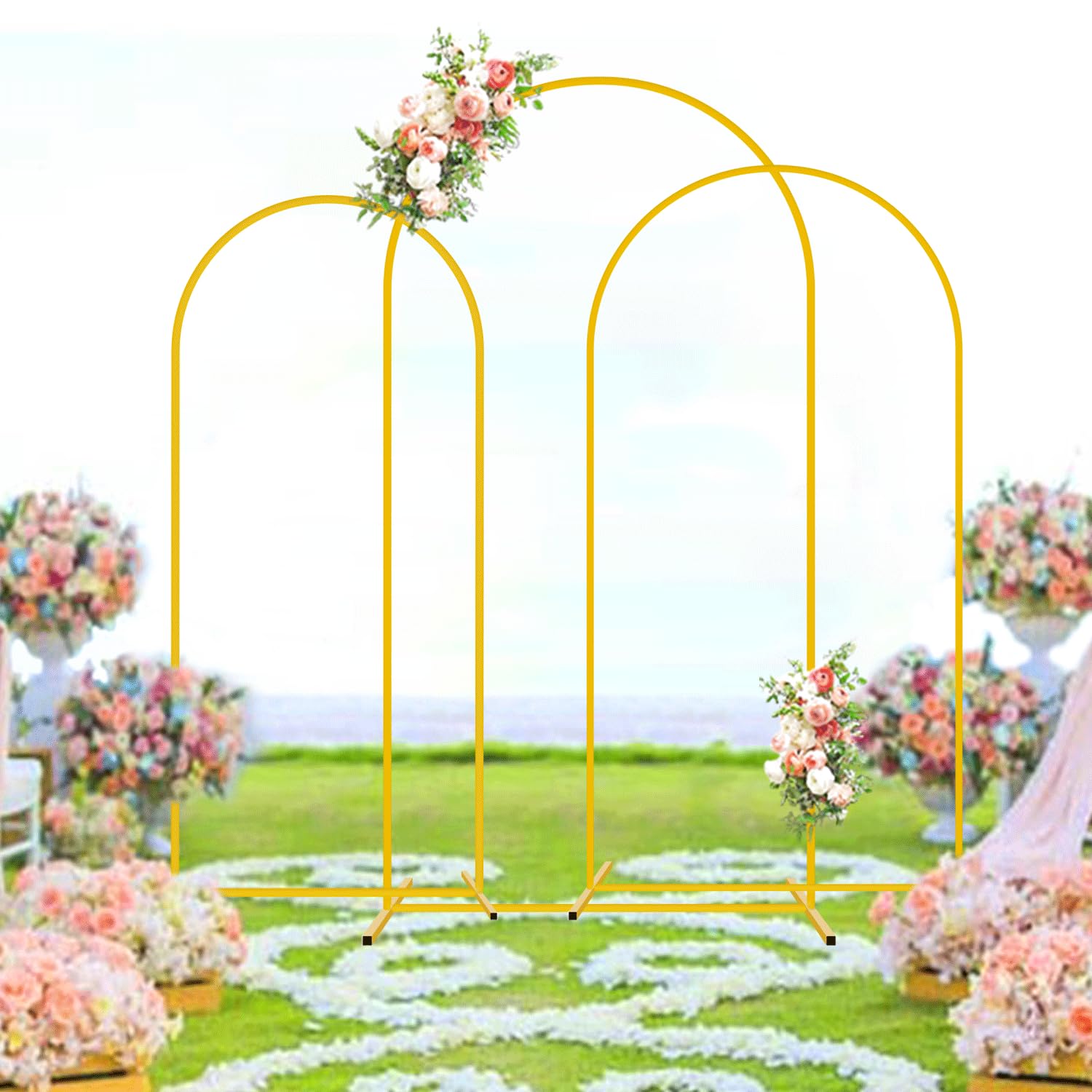 FUHSY Ensemble de support en métal pour arc de mariage de 3 pièces, or, support de fond de fête 1,2 m, 1,5 m, 1,8 m, cadre cintré en ballon, support pour arc de fond Chiara pour jardin, décoration de