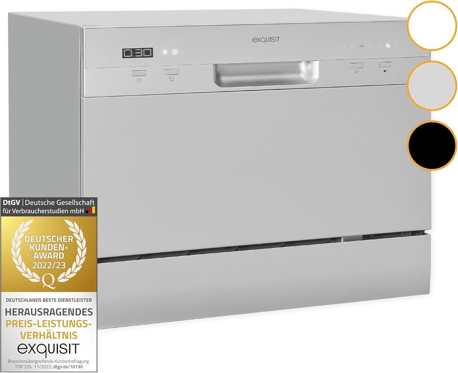 Exquisit Lavastoviglie da tavolo GSP206-030F Argento | Lavastoviglie 55 cm autoportante | Piccola lavastoviglie 6 controsoffitti | Lavastoviglie Display LED [Classe di efficienza energetica F]