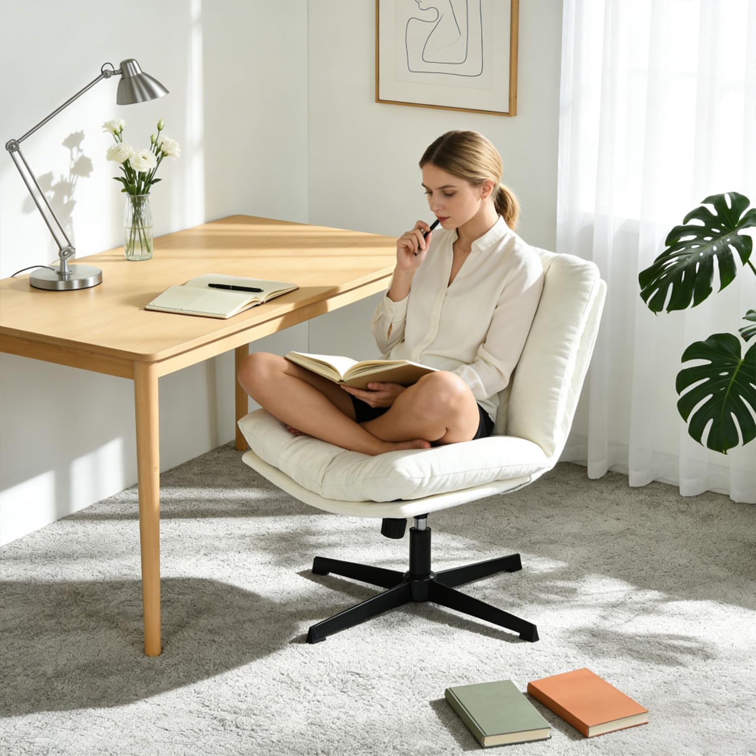 MEUBLE Cosy Silla de Oficina Giratoria 360° Función de Inclinación, Altura Ajustable, Acolchada con Espuma en Tela, para Escritorio Estudio, sin Ruedas, Beige