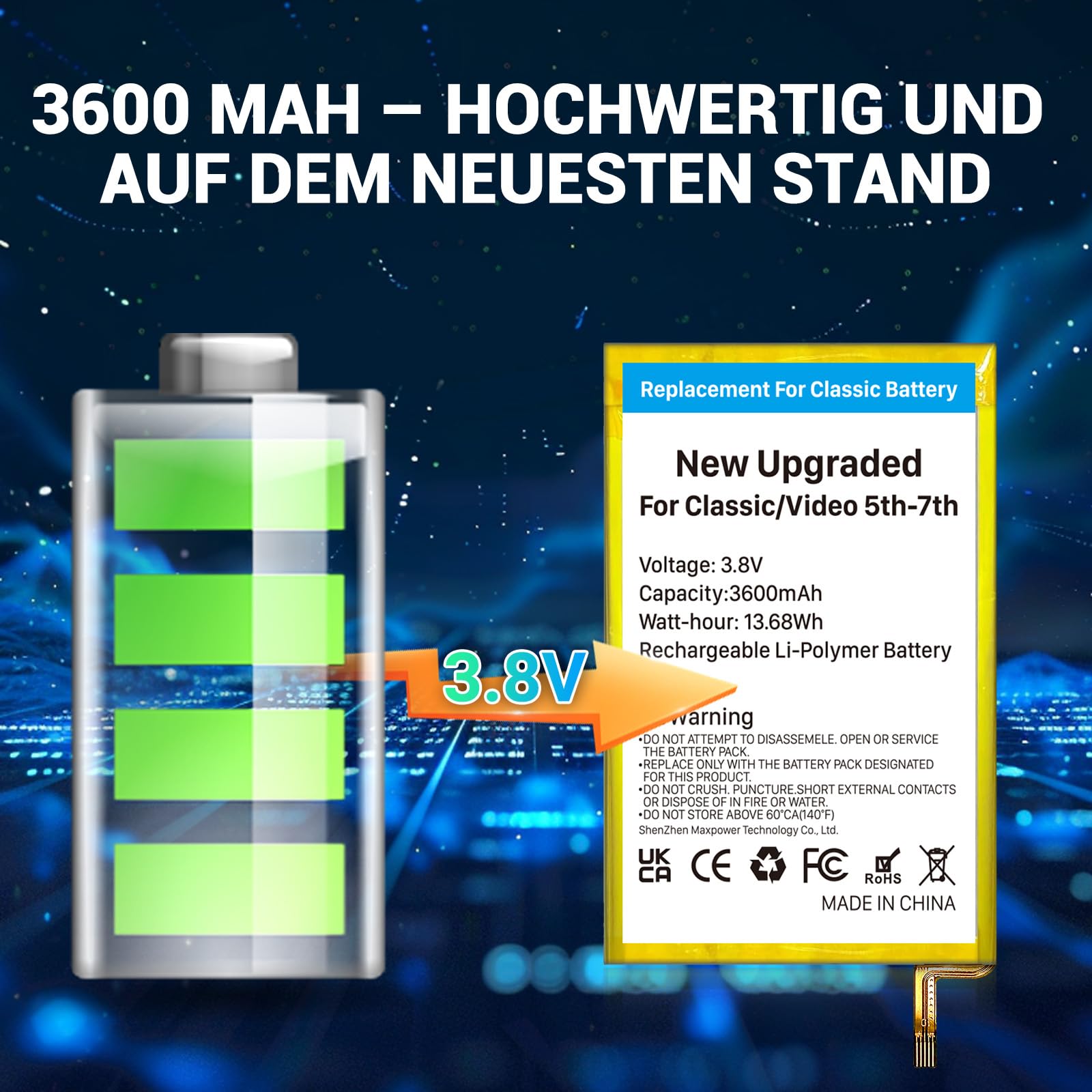 Sostituzione della batteria per iPod Classic/Video (2026, nuovo aggiornamento) - Batteria ai polimeri di litio ad altissima capacità (3600 mAh), compatibile con iPod Classic/Video di 5a 7a generazione