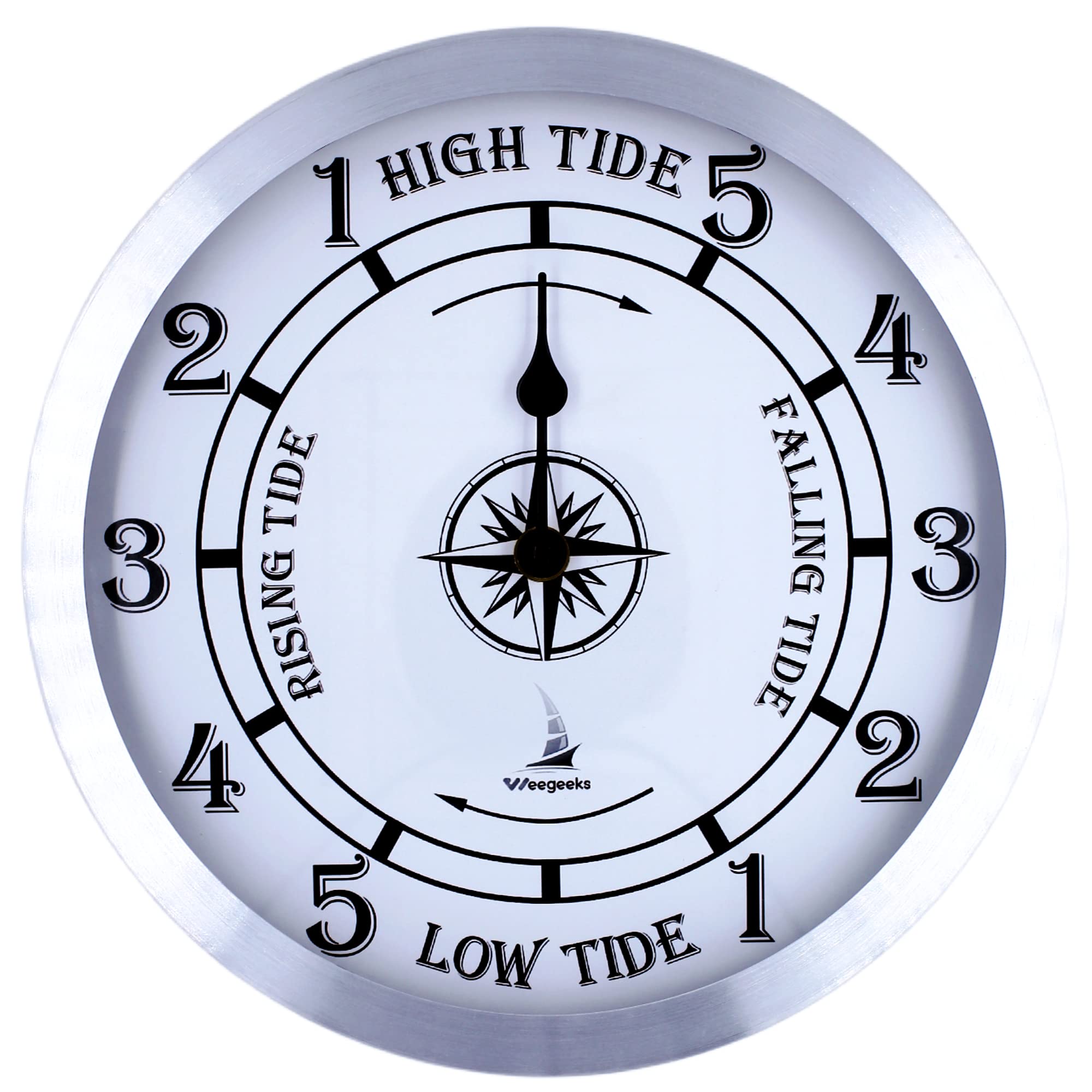 WEEGEEKS Nautical Clock, 10 Inch Tide Clock, Aluminum, Silver, Wall Mount, Battery Powered, Silent