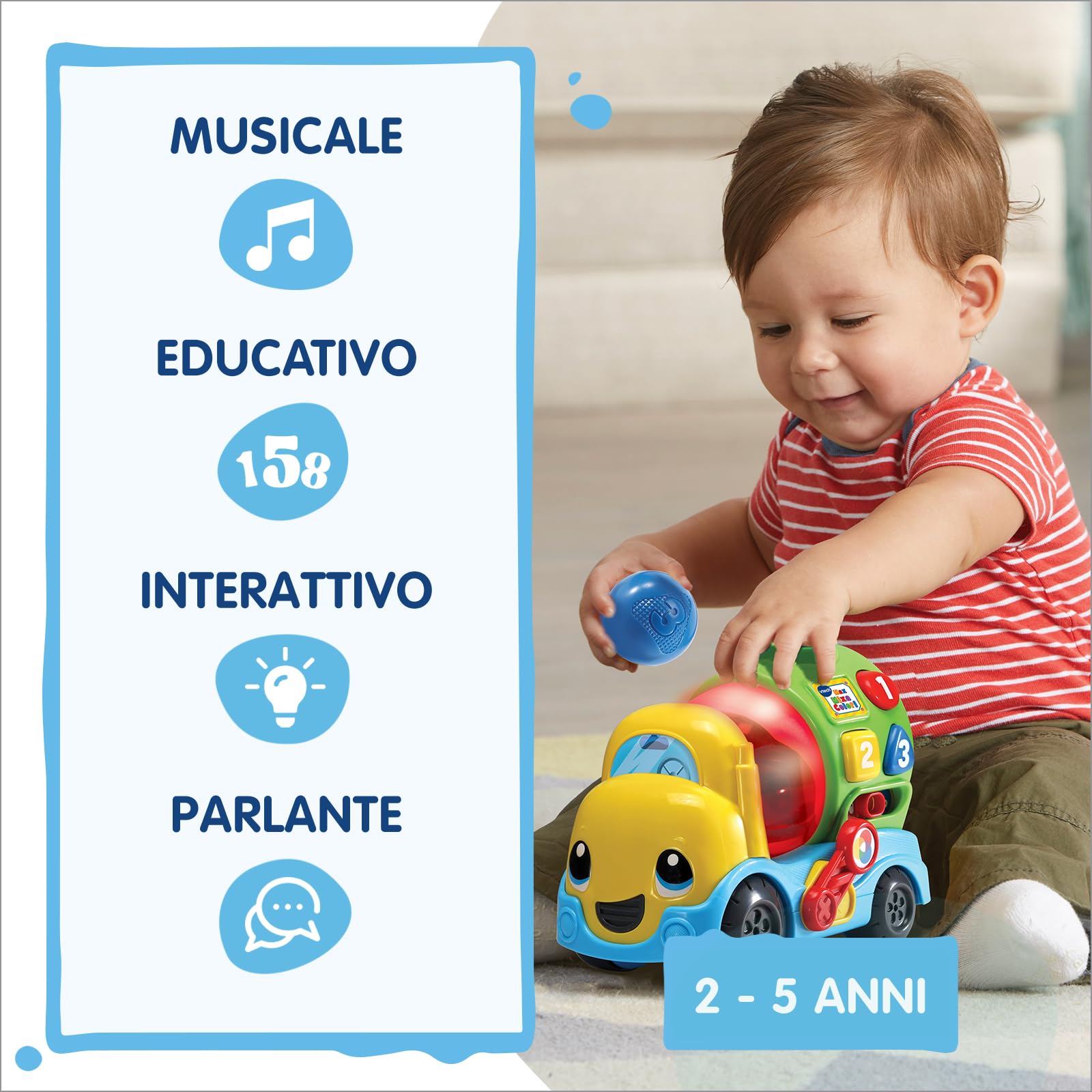 VTech Max Mixa Colori, Camioncino Parlante con 5 Melodie, Riconosce e Mixa Colori, 3 Modalità di Gioco, Volume Regolabile, Spegnimento Automatico, Lingua Italiana, Batterie Incluse, 12-36 Mesi