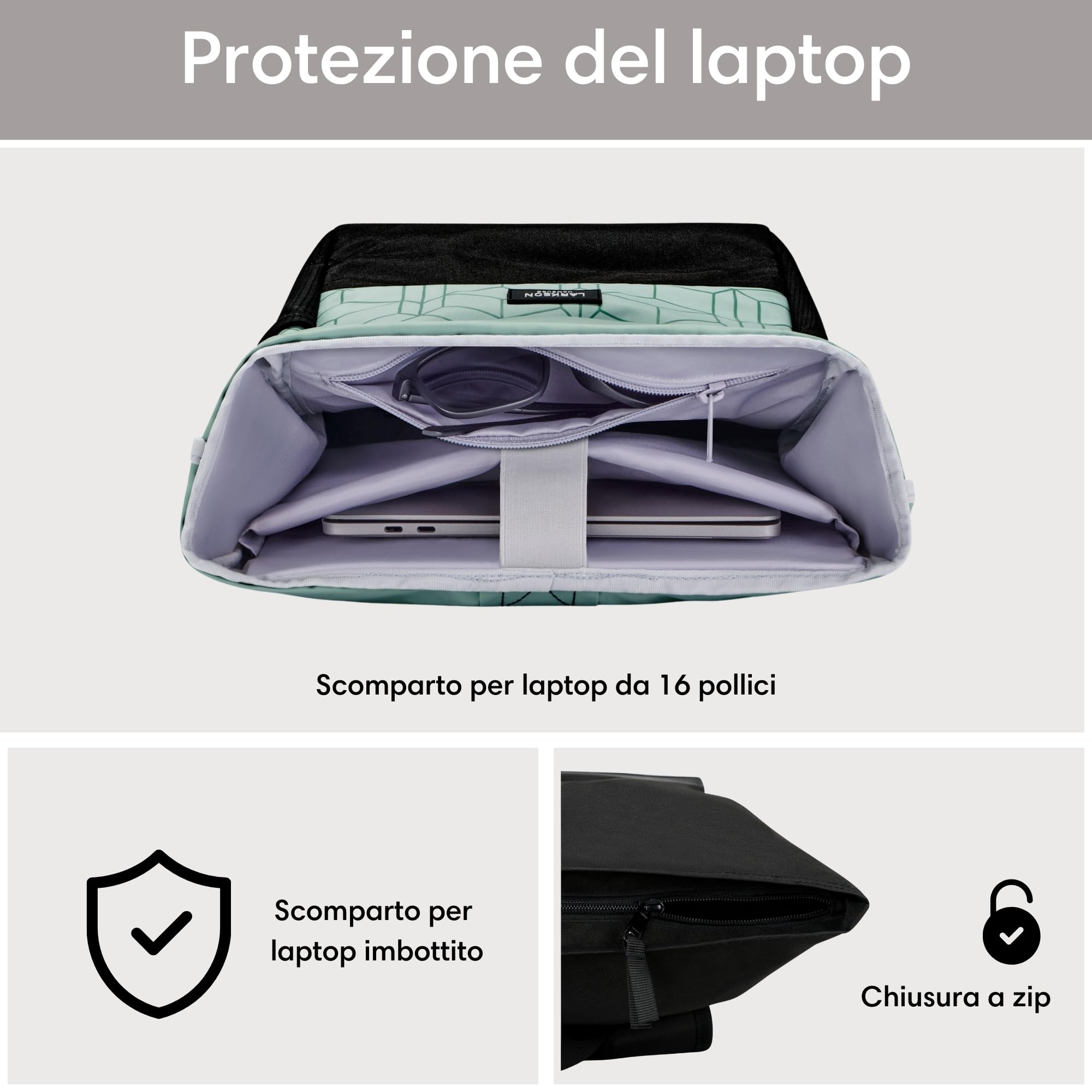 LARKSON Zaino Roll Top Uomo Donna - No 4 - Zainetto per Lavoro, Viaggio, Università - Porta Pc 16 Pollici - Materiale Sostenibile - Impermeabile