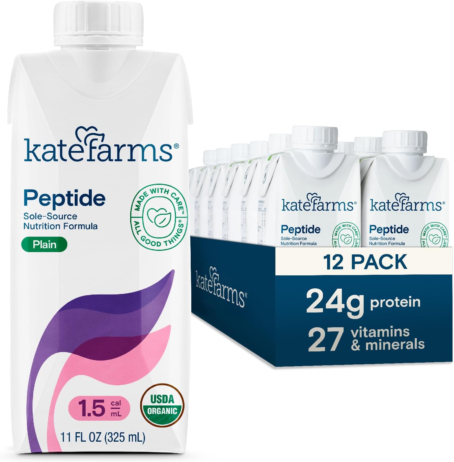 KATE FARMS Organic Adult Peptide 1.5 Formula, Plain, Sole-Source, Hydrolyzed Plant-Based Nutrition for Oral or Tube Feeding, 11 Fl oz (12 Pack)
