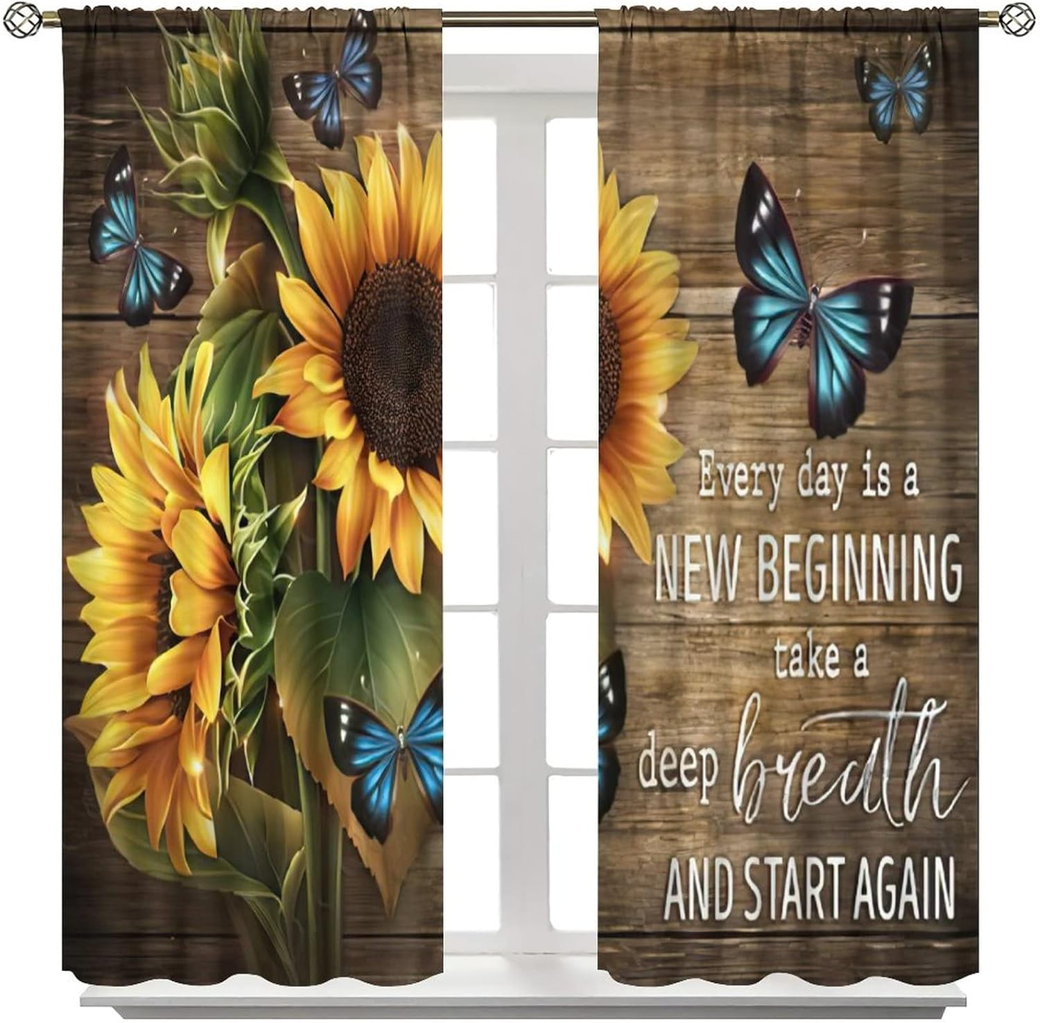 Retro Sunflower Curtains Plants Floral Butterfly Rustic Farmhouse Wooden Board Decor Window Treatment for Kitchen Bedroom Living Room Children's Room Rod Pocket Blackout Window Drapes 42x45in