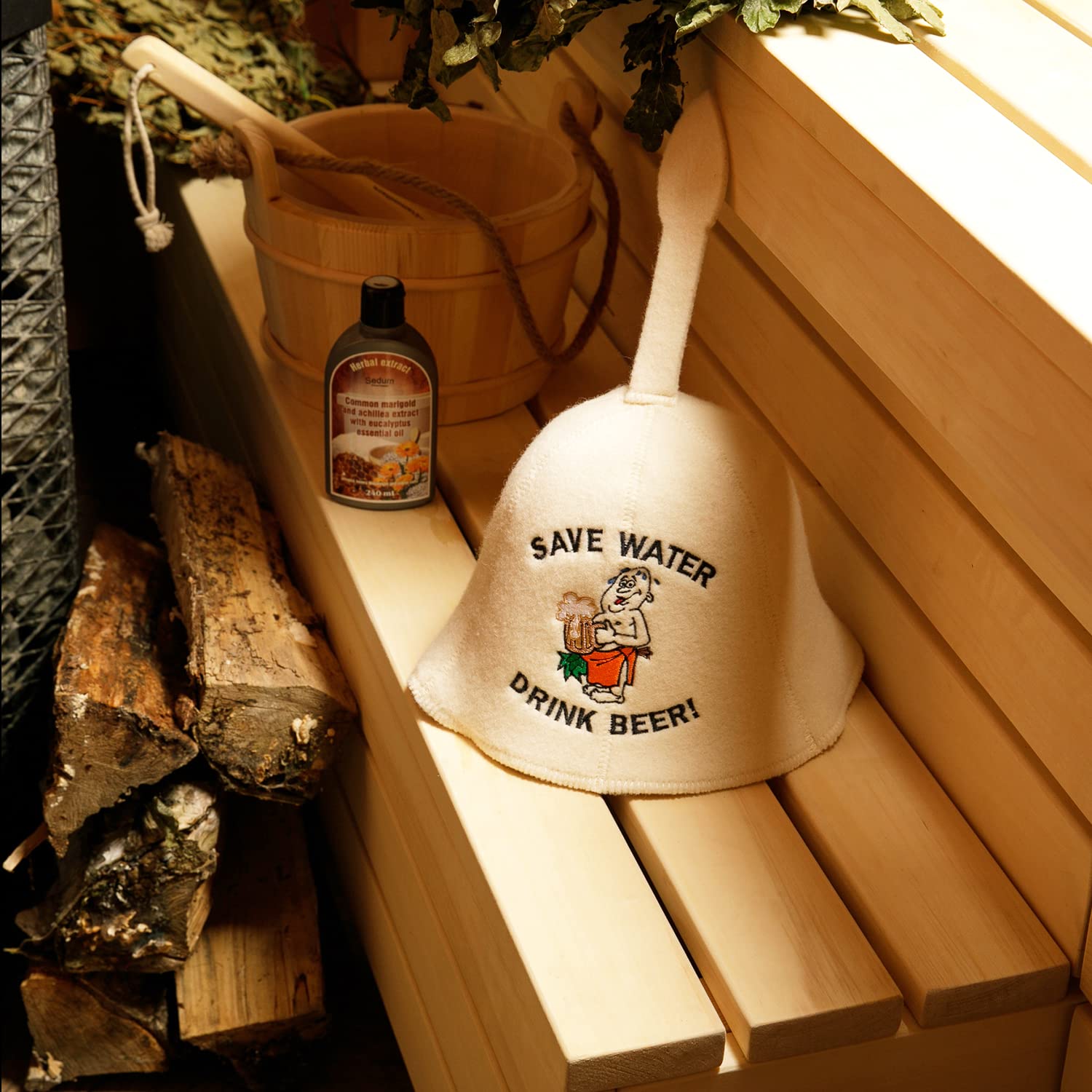 SAUNA GURU Save Water Hat, 100% Organic Wool Felt Sauna Cap, Banya Hat Sauna Hair Protector, Sauna Accessories Embroidered Hat, Russian Sauna Hat, Sauna Gifts for Men and Women, Sauna Room Accessory