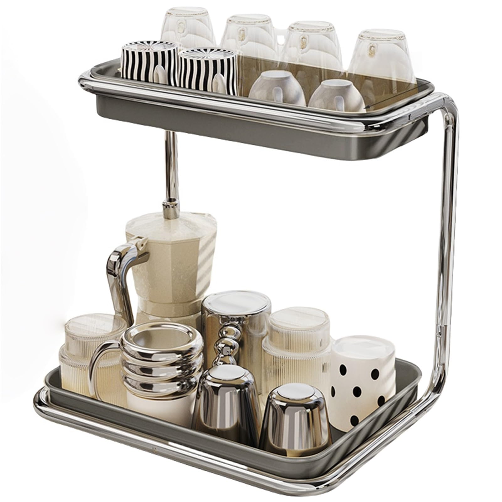 Eiauiuo Countertop Cup Drainer Carbon Steel Double Tier Mug & Glass Organizer Dish Drainer Rack With Removable Tray Draining Board With Drip Tray For Kitchen SinkStorage