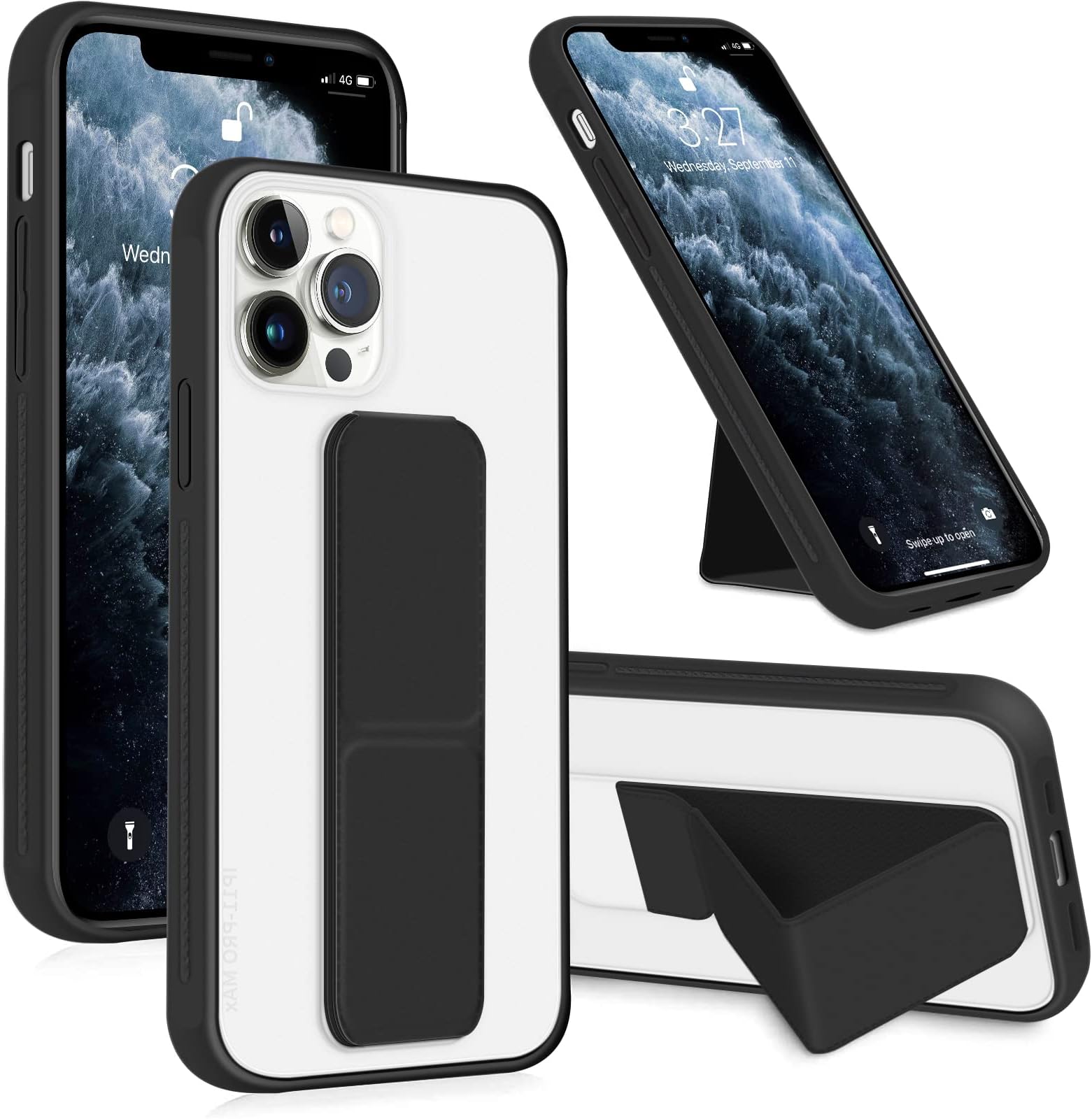 INFOSUN for iPhone 11 Pro Case Stand Cover Matte Cases with Frosted Back Hand Grip Kickstand Cover Holder Shockproof Translucent Design for iPhone 11 Pro (5.8 Inch) (2019) (Black)