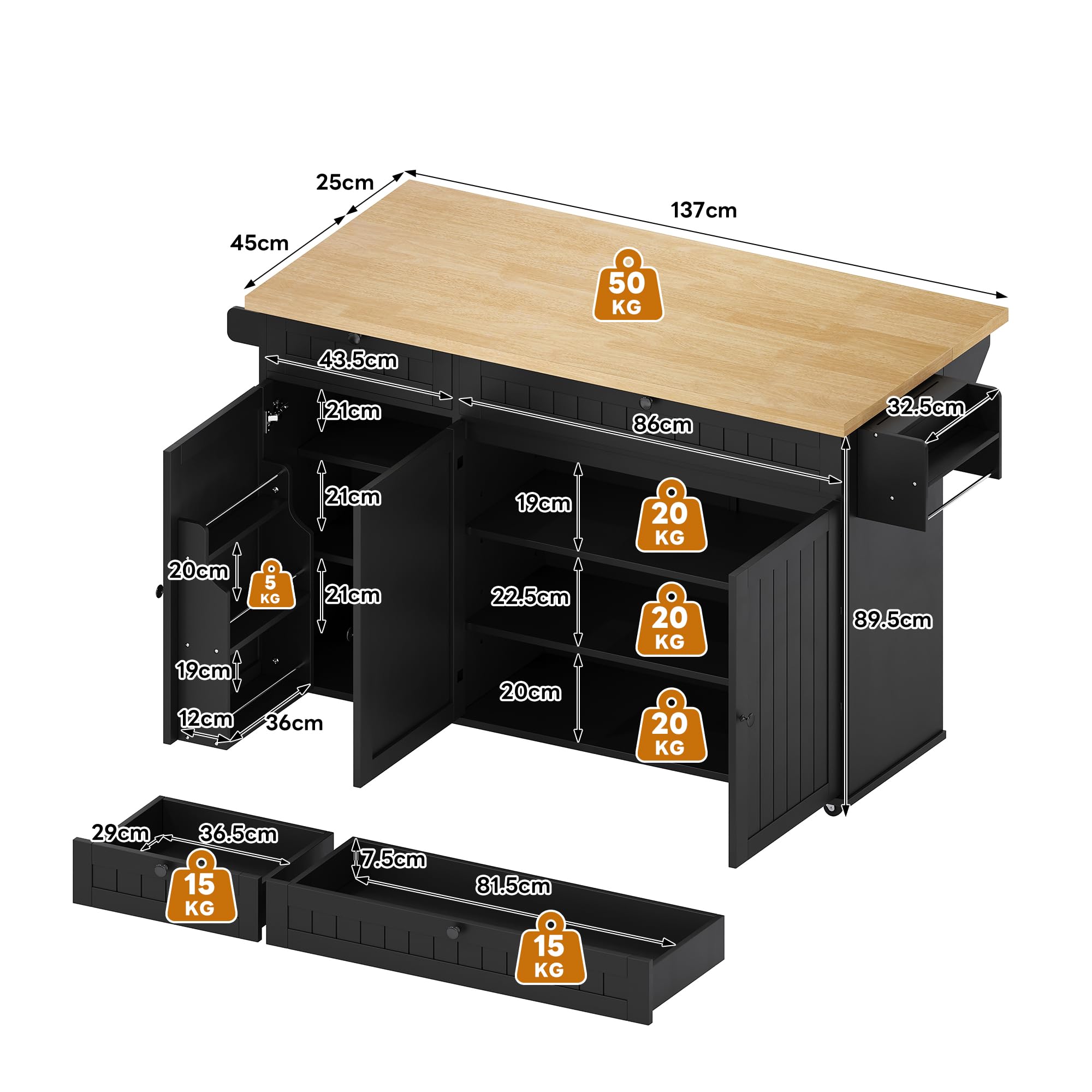 Îlot De Cuisine, Mobile sur 6 roulettes, Desserte De Comptoir Pliable, 2 Tiroirs, Espace De Rangement Multifonctionnel, 137 X 89,5 X 45 Cm, Noir