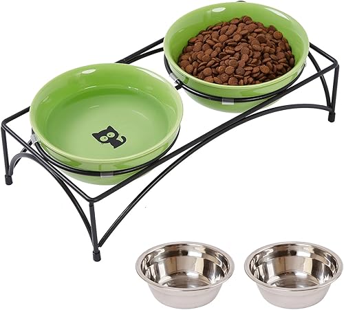 FOREYY - Cuencos elevados para gatos con 2 cuencos de cerámica y 2 cuencos de acero inoxidable, cuenco elevado para alimentos y agua con soporte de