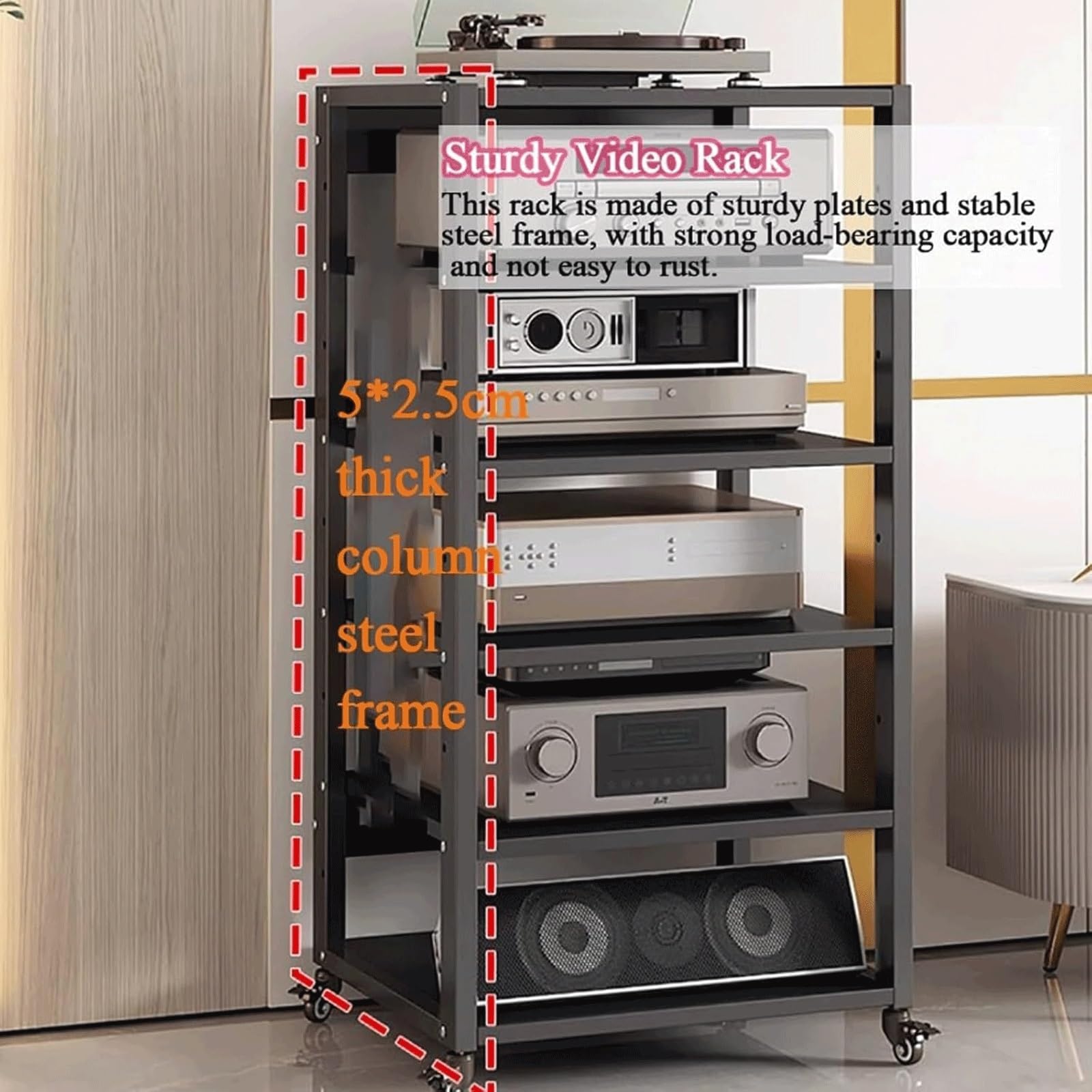 Regulowany 4-poziomowy nowoczesny stojak na media z kółkami szafka na sprzęt audio do domowego biura stereo regał centrum rozrywki (90 cm)