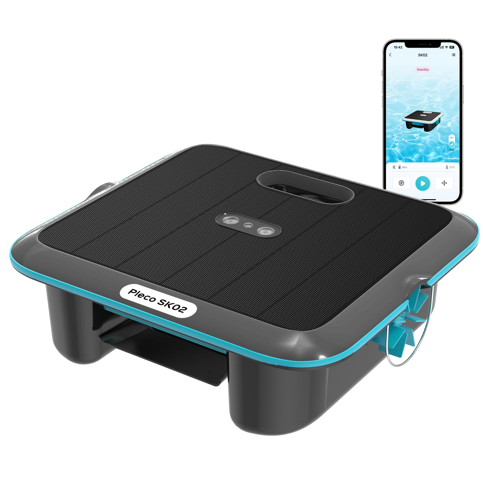 SK02 Robot Limpiafondos Piscina, Skimmer de Piscina Solar con Control App,Carga Dual, Sensor de Temperatura, Limpiador de Piscina Skimmer Automático 24/7