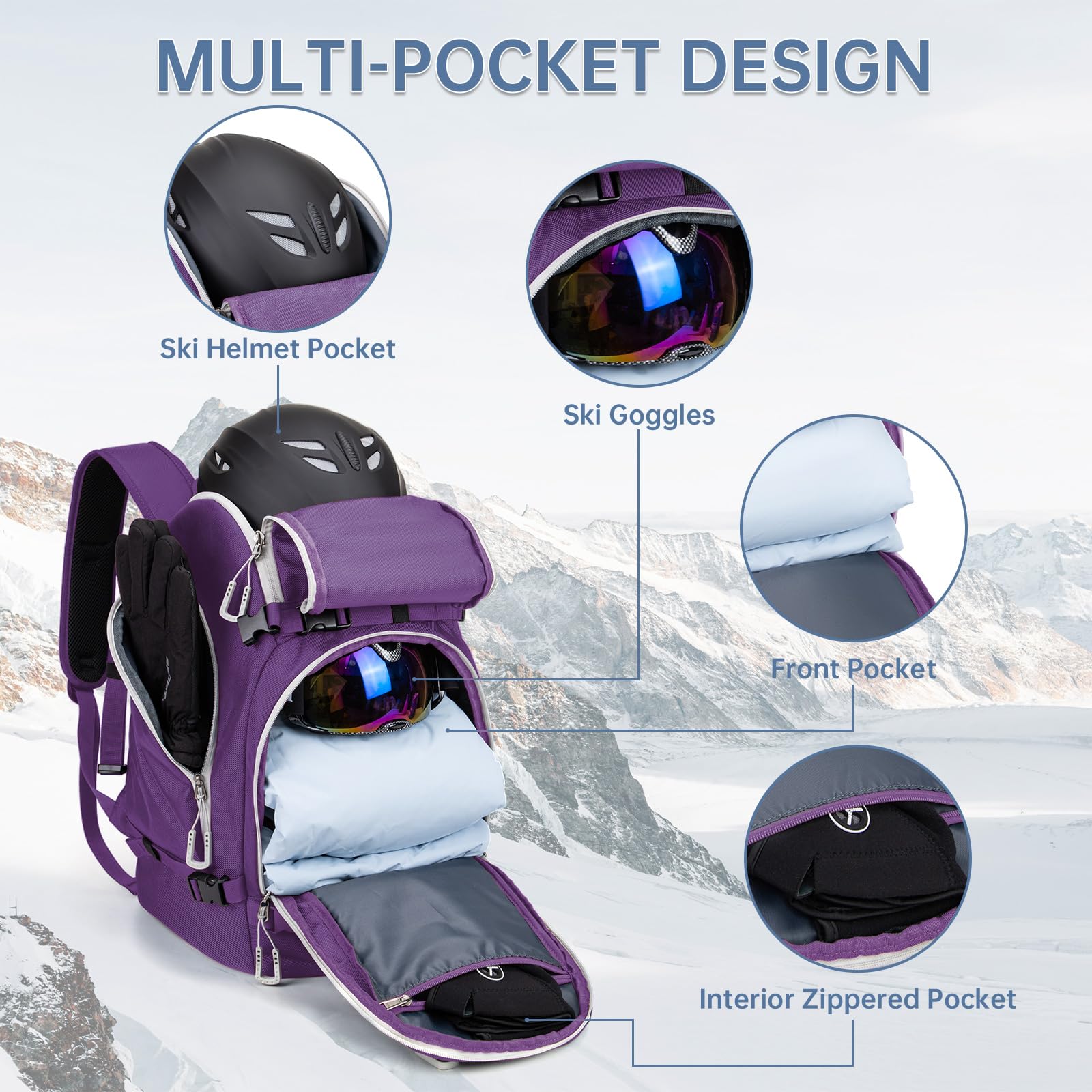 MIGGEEY Borsa per scarponi da sci con scomparto per casco e scomparto per stivali [50 l], zaino da sci con tasca per casco, borsa da sci con funzione di tracolla e spazio per accessori da sci