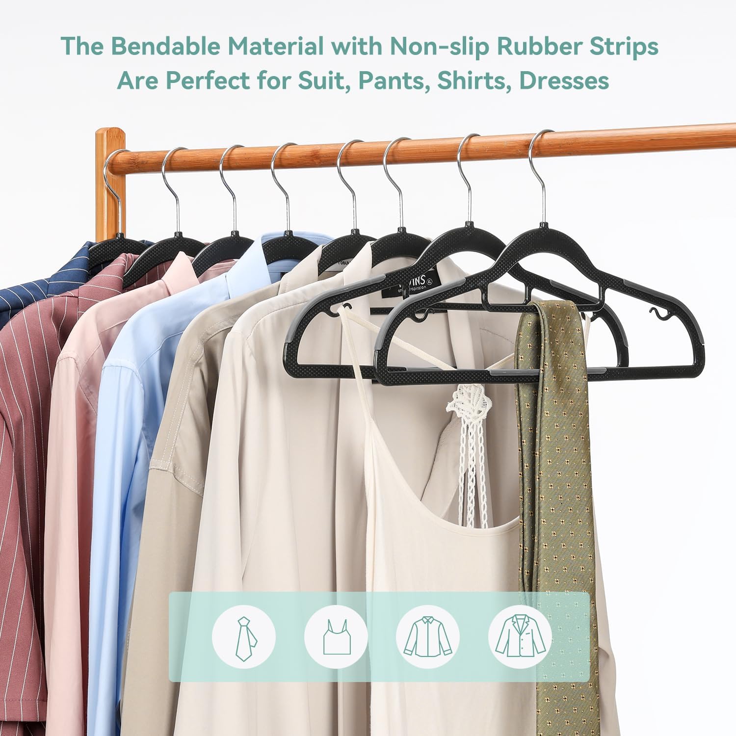 NCXTKJ Coat Hangers 50 Pack, Plastic Clothes Hangers Non Slip with Rubber Grip, Heavy Duty Hanger with 360° Swivel Metal Hook, Ultra Thin Hangers Space Saving for Closet Organizer, Black and Dark Gray