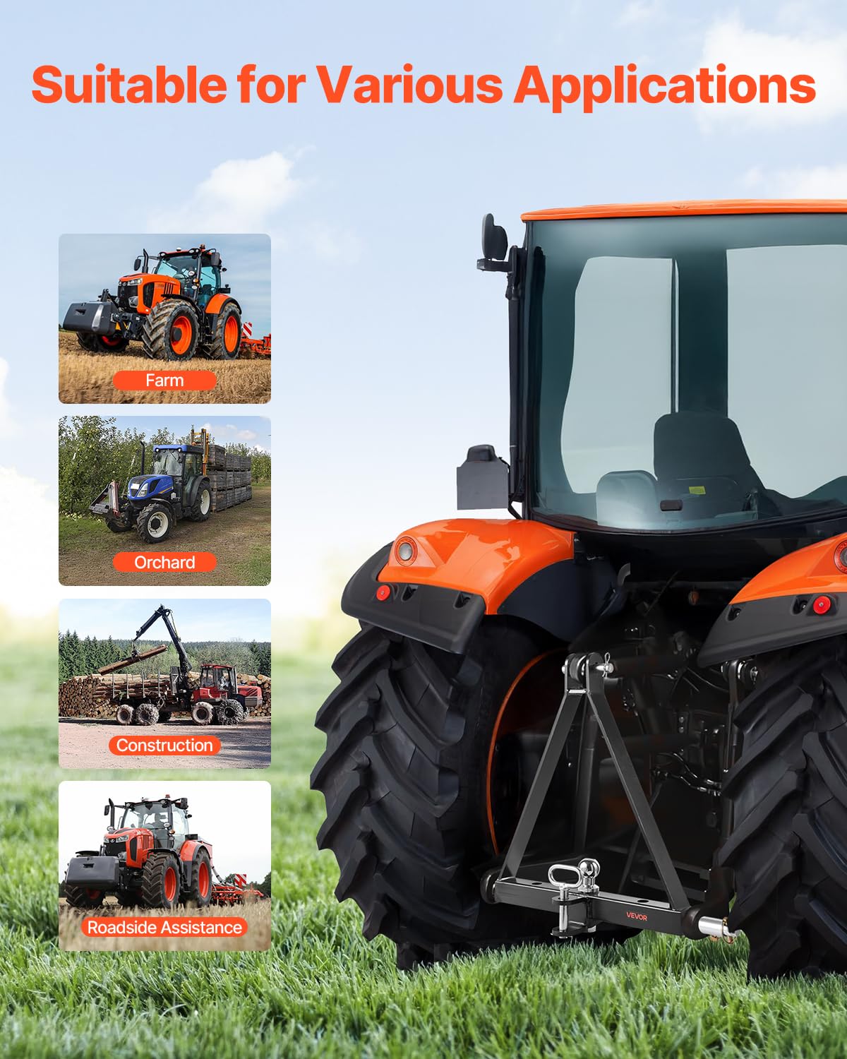 VEVOR 3-Punkt-Anhängerkupplung mit 1-7/8 Zoll Empfänger, 3-Punktaufnahme, 2721 kg, Traktor-Anhängerkupplungsadapter, kompatibel mit Kubota, Mahindra, John Deere, Massey Ferguson, 505x575x130mm