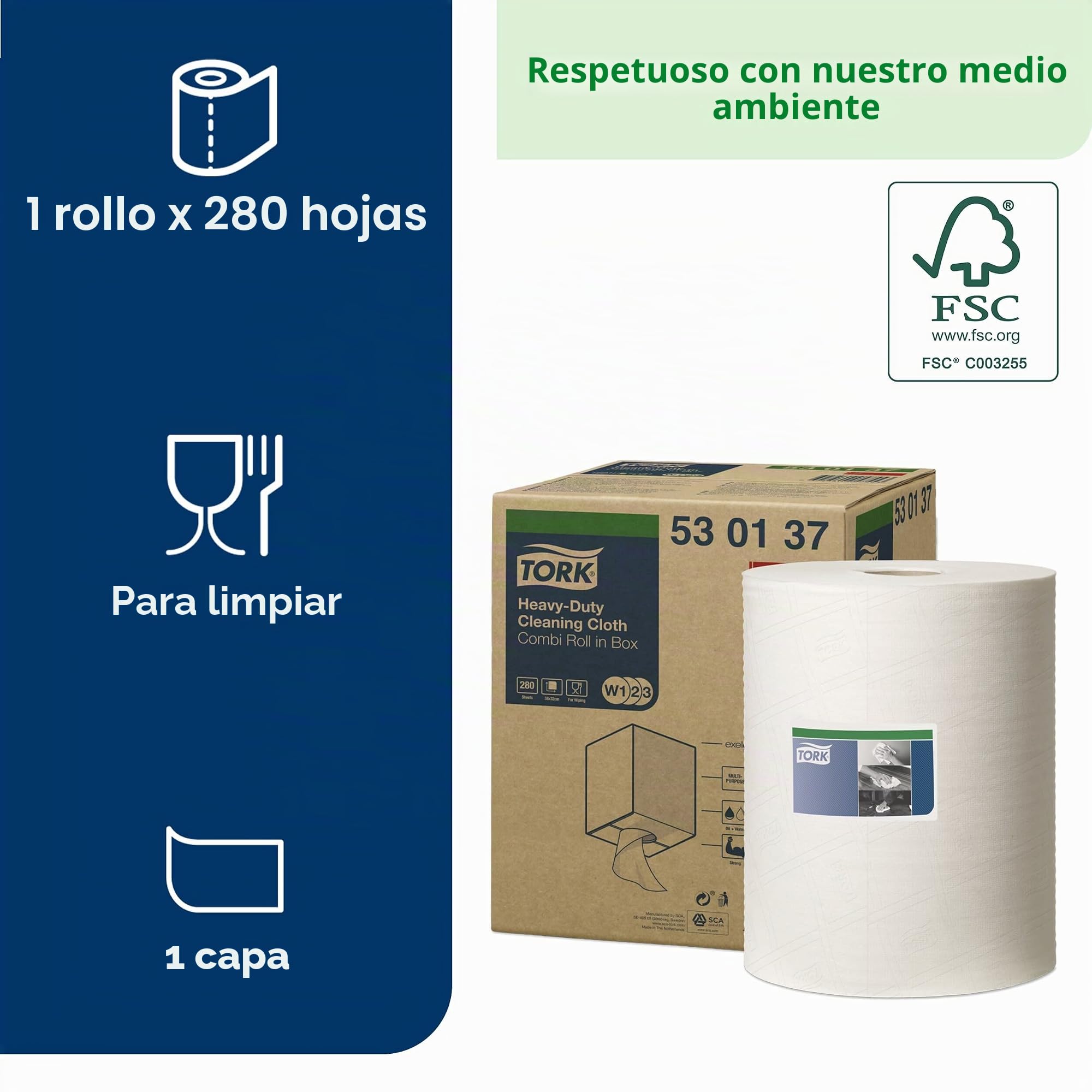 Tork 530137 Paño de limpieza ultrarresistente Premium/1 capa/Papel multiuso compatible con los sistemas W1, W2 y W3/1 bobina x 106,4 m de largo/color blanco