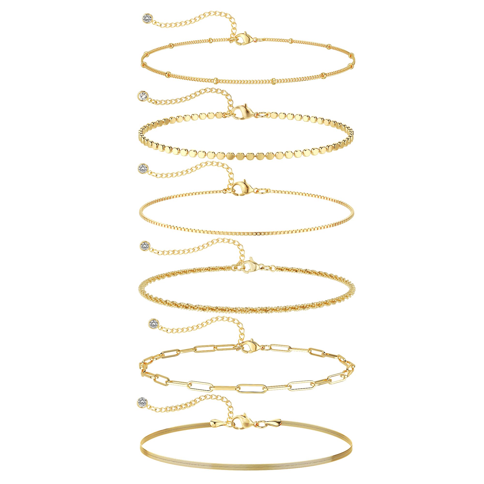 DEARMAY Waterproof Gold Plated Bracelets Set for Women Trendy, Dainty 14K Gold Jewelry Fashion Stackable Tennis Beaded Figaro Herringbone Paperclip