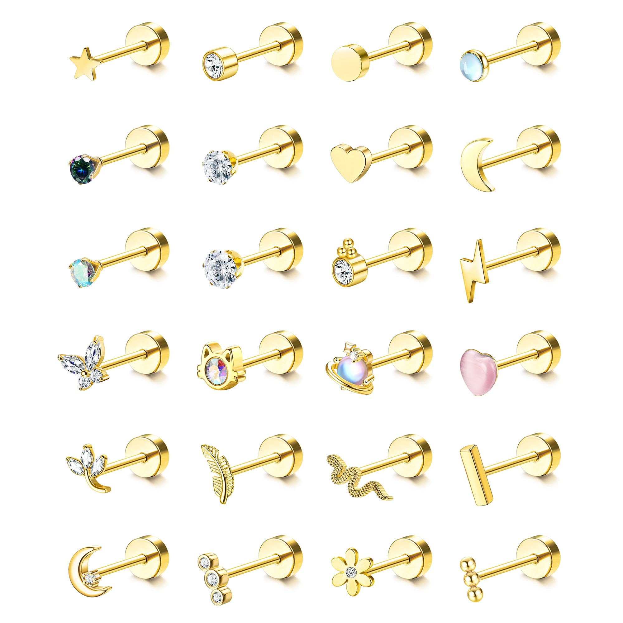 LOLIAS24Pcs Cartilage Earrings for Women Men 20G Surgical Steel Flat Back Stud Earrings CZ Helix Conch Small Flatback Earrings Hypoallergenic Nap Earrings