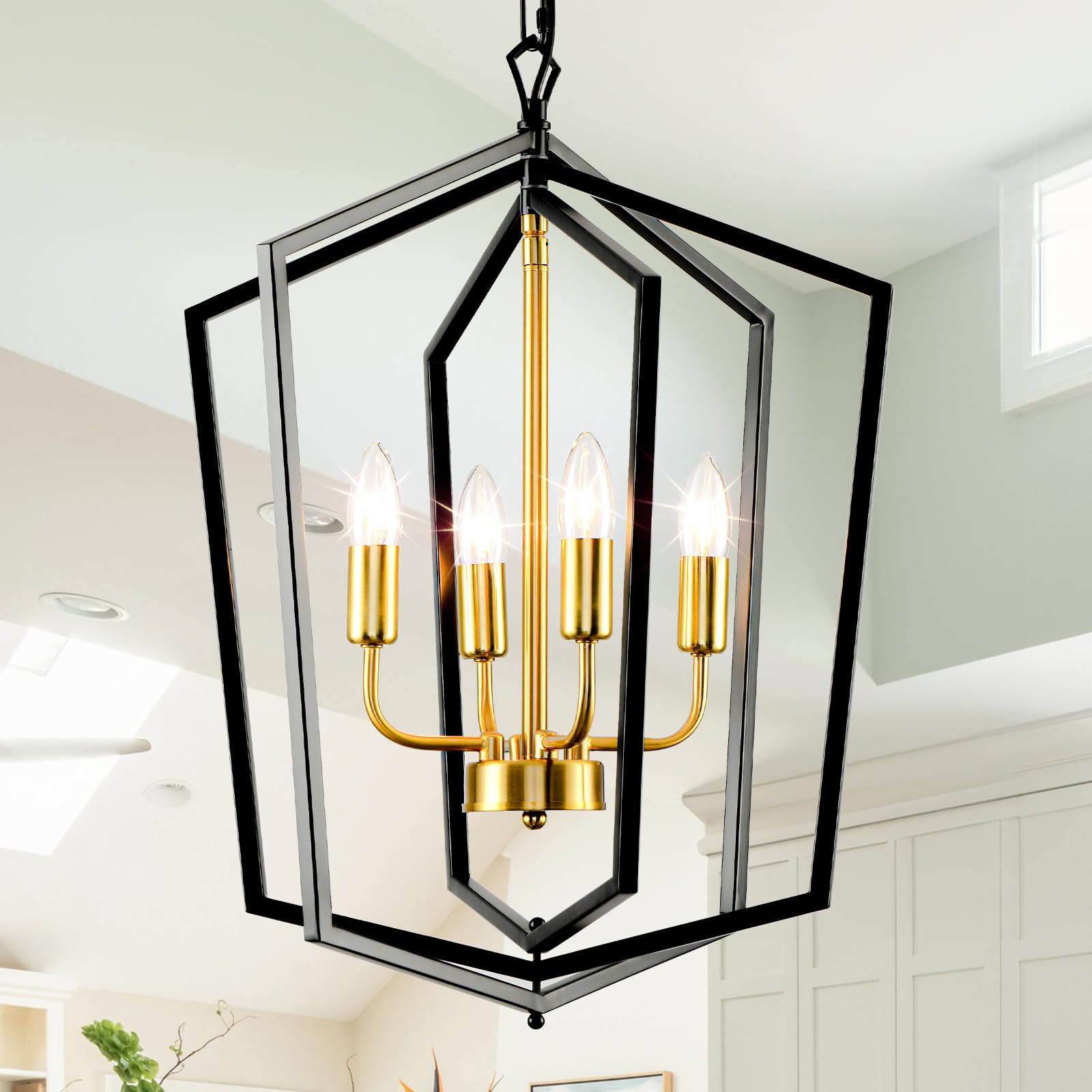WJShome 18.1" Black and Gold Chandelier, 4-Light Farmhouse Dining Room Light Fixture, Modern Foyer Lighting Fixtures, Rustic Lantern Pendant Light, for Kitchen Island,Staircase,Entryway