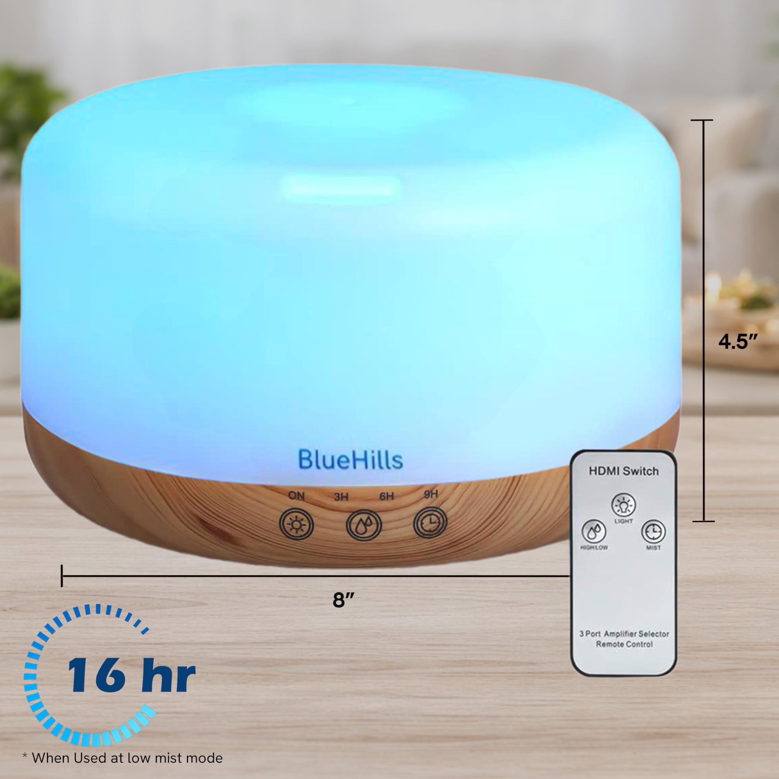 BlueHills Humidificador de aromaterapia con difusor de Aceite Esencial con Control Remoto y Temporizador para una casa Grande Extra Grande Multi