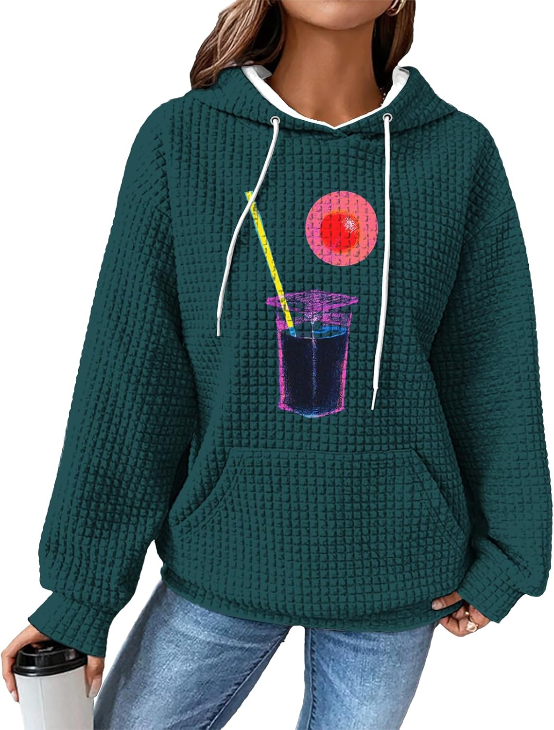 Waffle Hoodie Women Funny Oversized Pullover With Pocket Long Sleeve Comfy Vintage ...