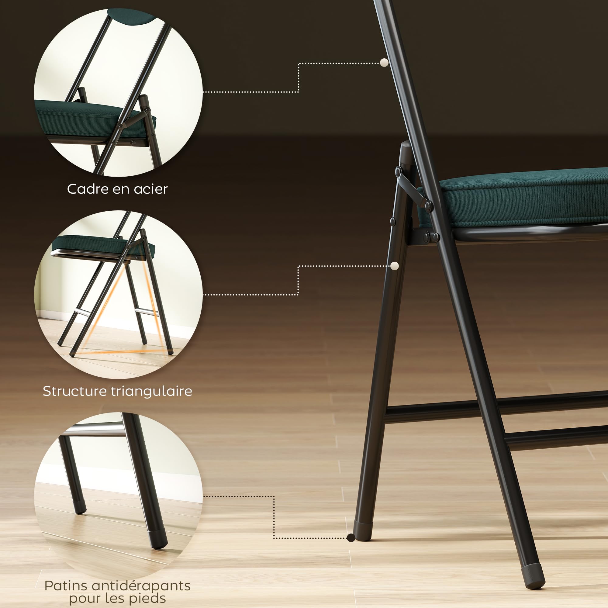 HOMCOM Lot de 4 Chaises Pliantes Portables Intérieur Charge 120 kg Bleu | Chaise Salle à Manger, Assises et Dossiers Rembourrées en Velours Côtelé, Cadre en Acier