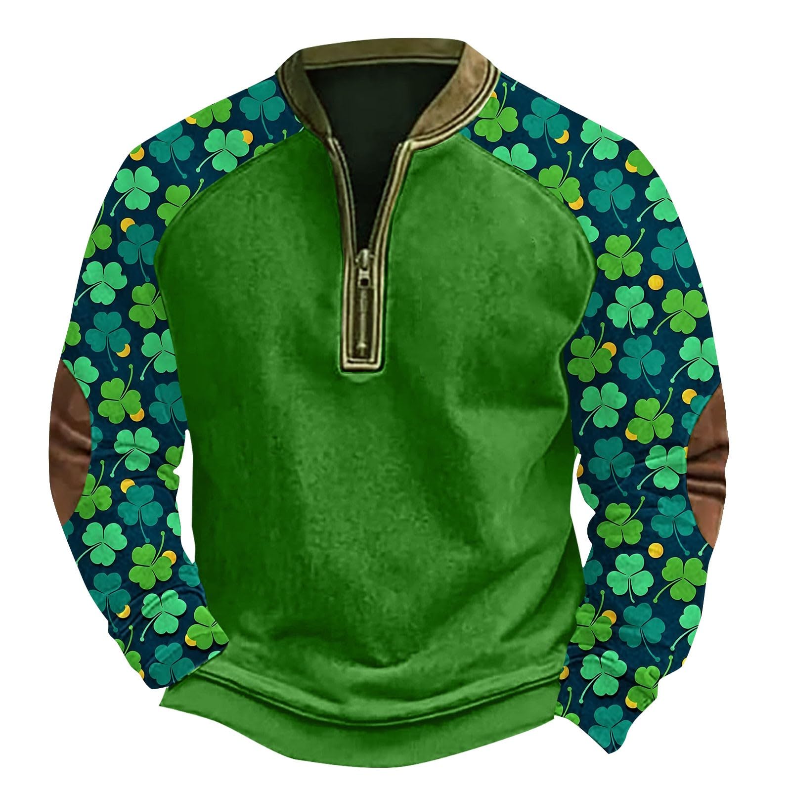 Mens St. Patrick's Day Sweatshirt Casual Quarter Zip Neck Pullover Green Graphic Long Sleeve Fashion Four Leaf Printed Shirt