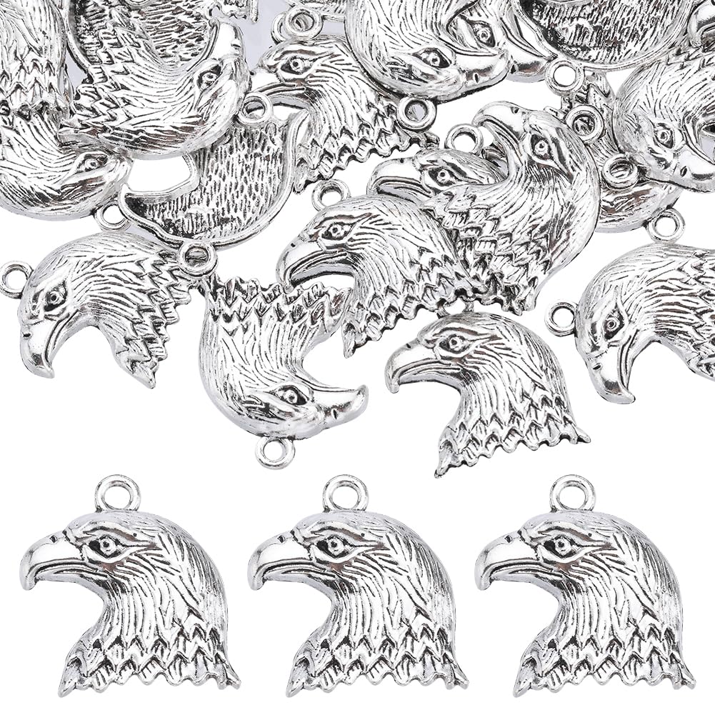 SUNNYCLUE1 Box 50Pcs Eagle Head Charms Patriotic Charms Bulk Tibetan Style Antique Silver Alloy Eagle Charm America 4th of July Independence Day USA Bird Bald Eagle Charm for jewellery Making Charms