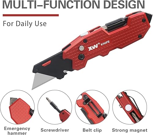 Miniatura 2 de XW Cuchillo utilitario plegable con destornillador, cortador de cajas multifuncional 5 en 1 de servicio pesado con bloqueo trasero