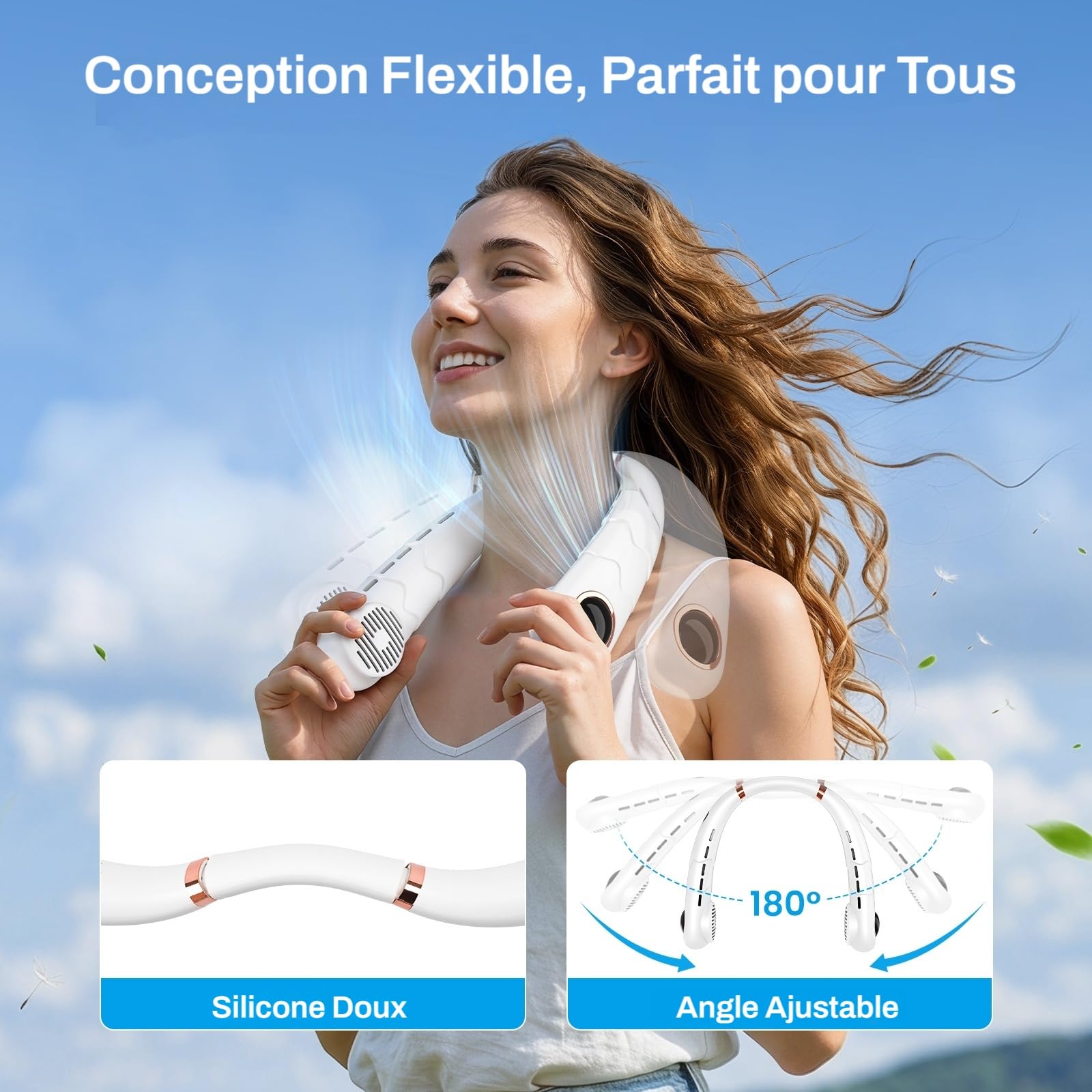 SHINER Ventilateur de Cou Portable Sans Pale, Ventilateur Tour de Cou Rechargeable USB avec Écran LED, 360° lux d’Air, 3 Vitesses, Silencieux Mains Libres pour Bureau,Voyage,Sport,Camping(Blanc)