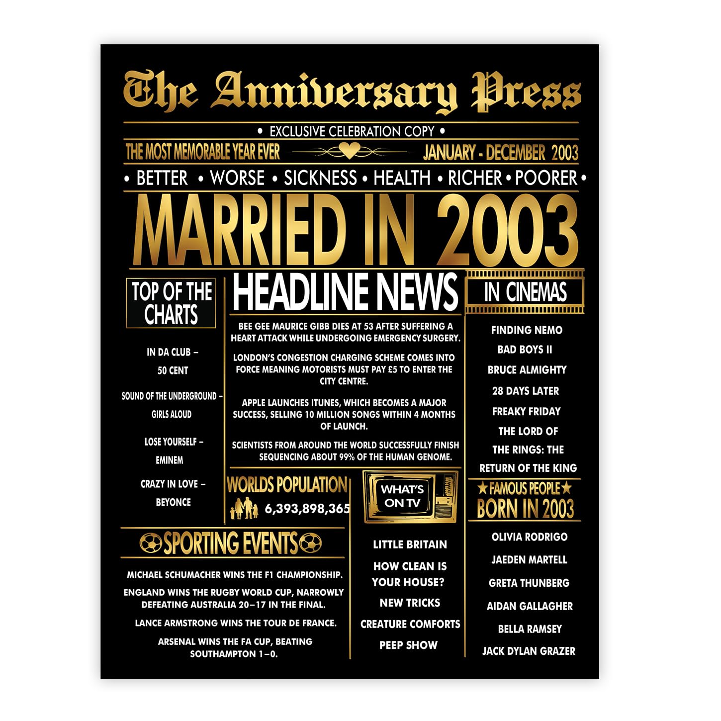 Stuff4 Men's 2003 Gold 23Rd Anniversary Poster Unframed - Golden Married In Newspaper - 23 Wedding Anniversary For Wo Vintage Gifts Back In 8X10 Inch Anniversaries Posters