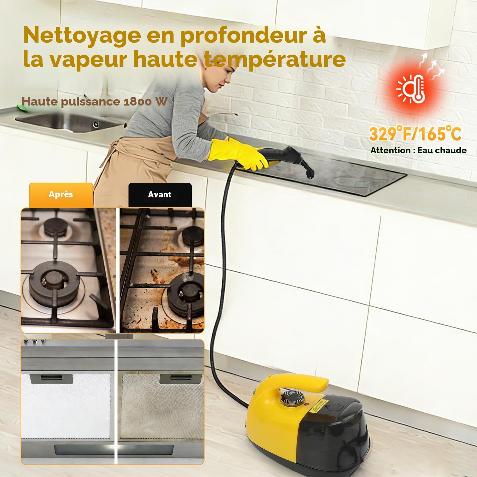 Nettoyeur vapeur manuel 1800 W, câble d'alimentation de 1,5 m, haute température 329 °F/165 °C, 3 niveaux de nettoyage, pour voiture, fenêtre, cuisine, sol, meubles