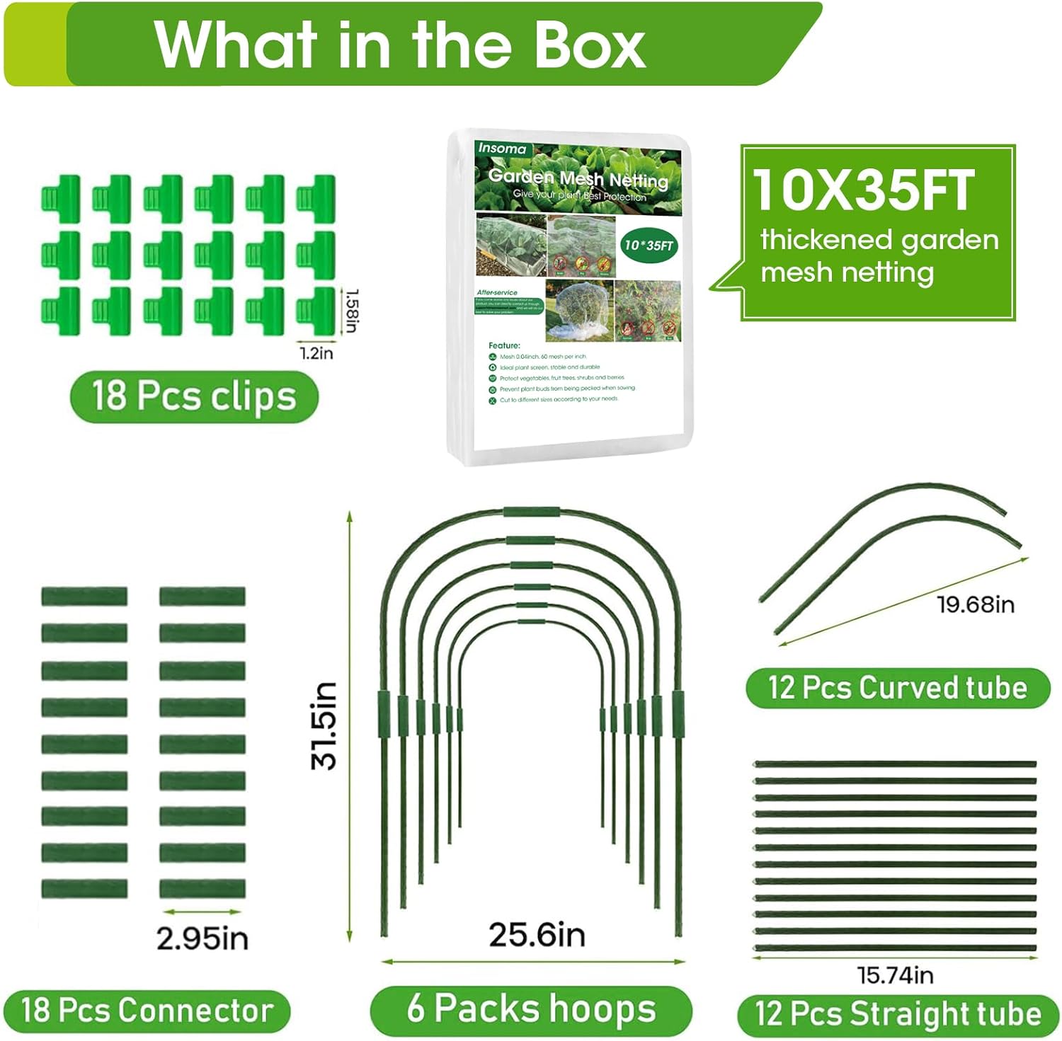 10x35Ft Garden Mesh Netting with Hoops Kit for Raised Bed, 6 Sets Wide Garden Hoops & 18 Clips, Garden Protection for Raised Beds Greenhouse Vegetable Plants Flowers Animals