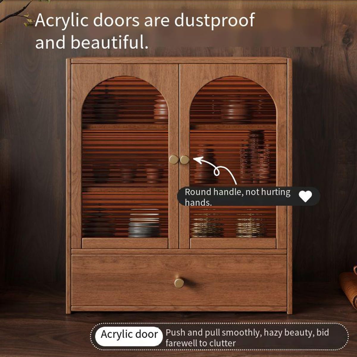 Mueble De Sobremesa Madera con Puertas Acrílicas Acanaladas 47cm Alto Puerta Sencilla O Doble 20cm 40cm Ancho Cajón Antipolvo para Juego De Té Sala De Té Encimera (