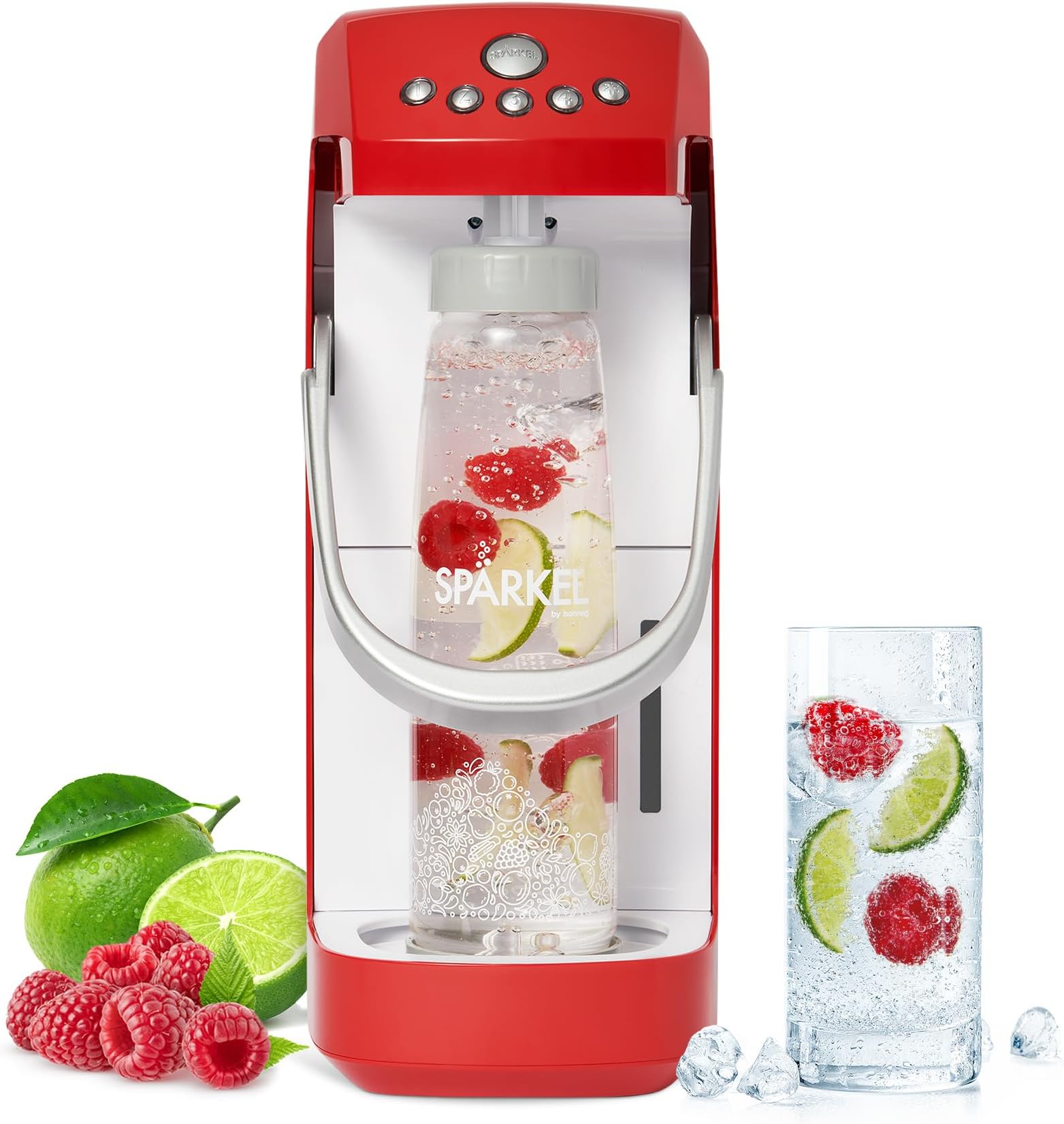 Spärkel Beverage System | Cherry Red Sparkling Water Maker that Uses Fresh, Natural Ingredients | Carbonated Water Machine with New No-Leak Seal | Soda Streaming Machine | 5 Unique Carbonation Levels